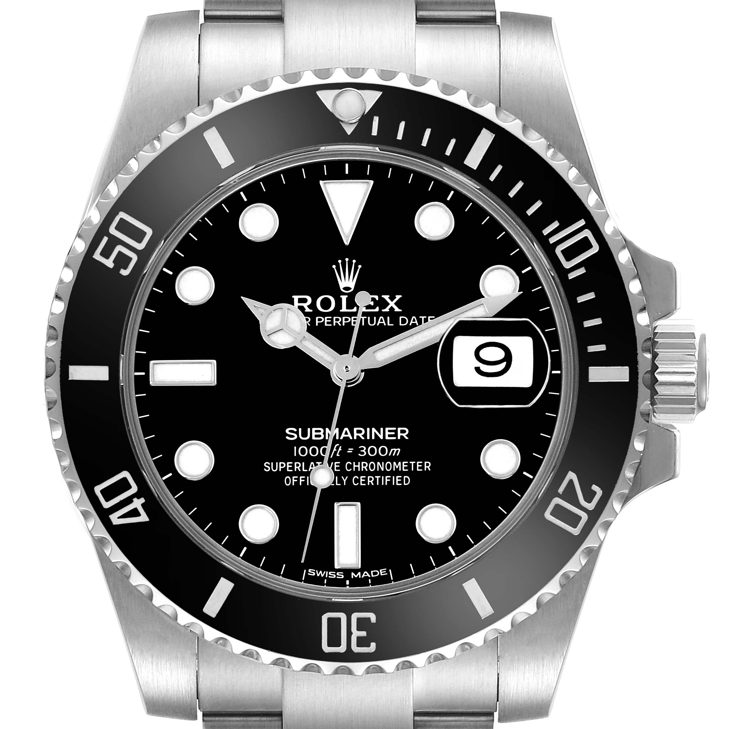 The Rolex Submariner 116610LN Men's Stainless Steel Black Dial 116610LN Men's Stainless Steel Black Dial watch is shown straight-on, displaying the face, bezel, and part of the bracelet.