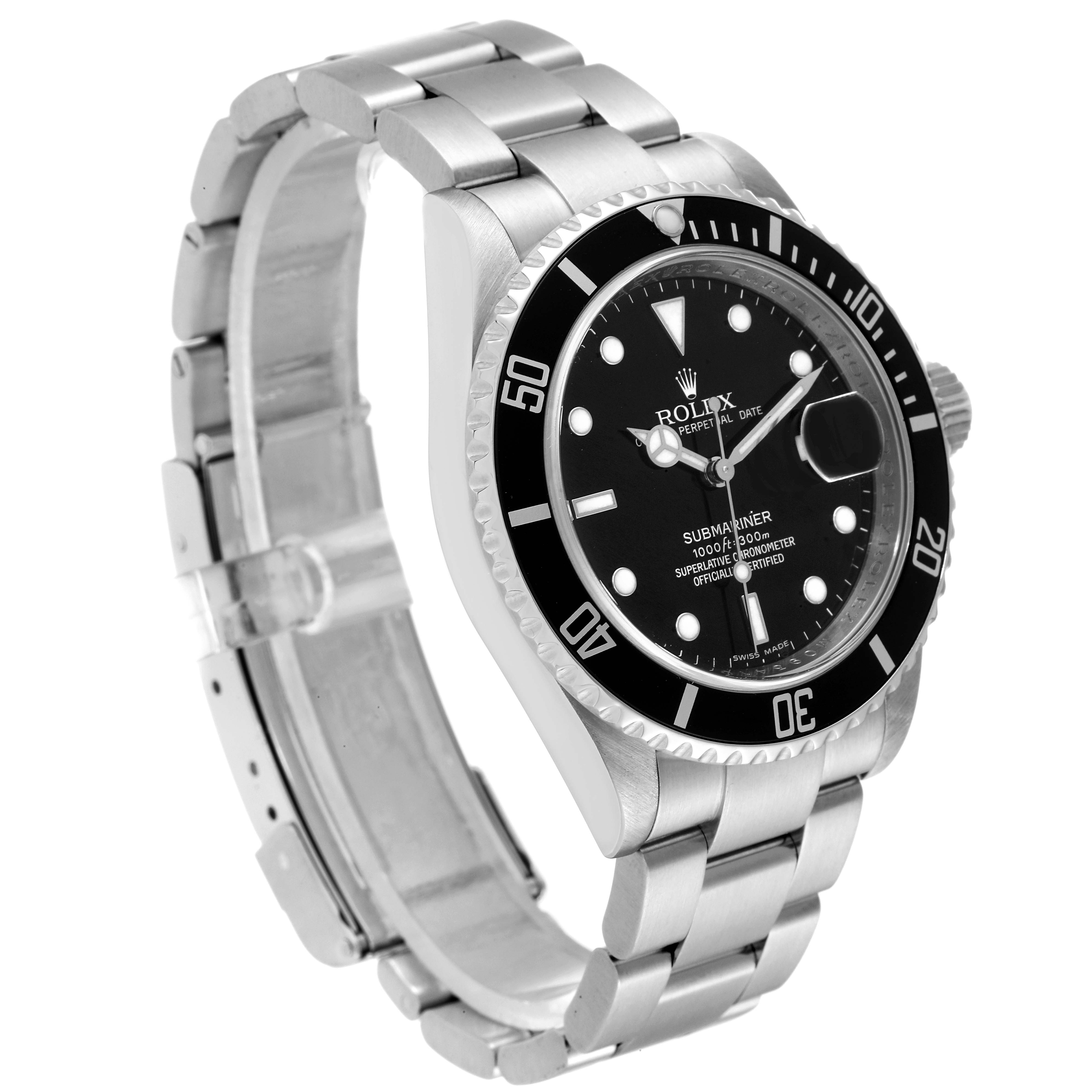 The image shows a Rolex Submariner 16610T Men's Stainless Steel Black Dial 16610T Men's Stainless Steel Black Dial watch from a front-right angle, highlighting its black dial, bezel, and stainless steel bracelet.