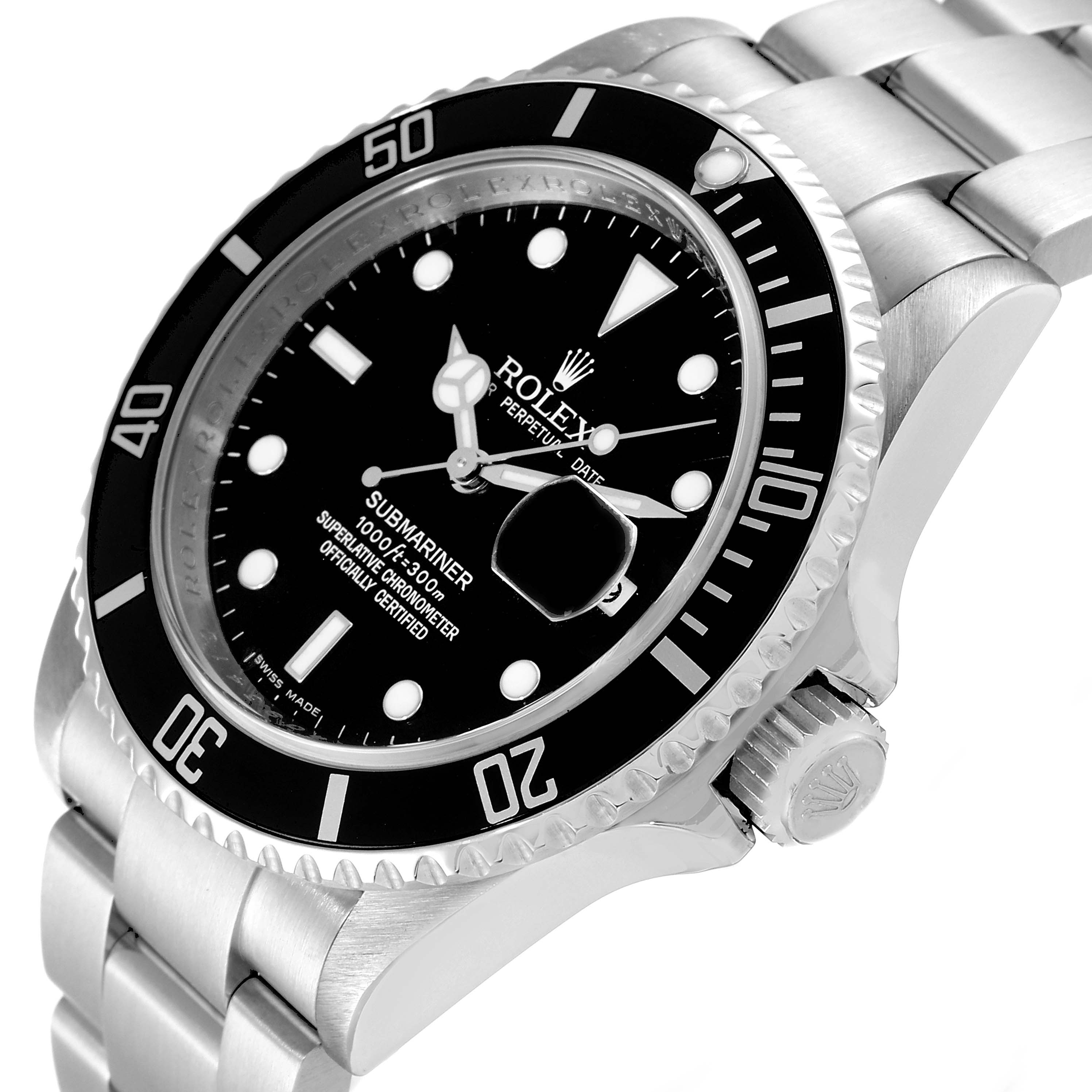 The image shows a Rolex Submariner 16610T Men's Stainless Steel Black Dial 16610T Men's Stainless Steel Black Dial watch from a three-quarter angle, highlighting the bezel, dial, and bracelet.