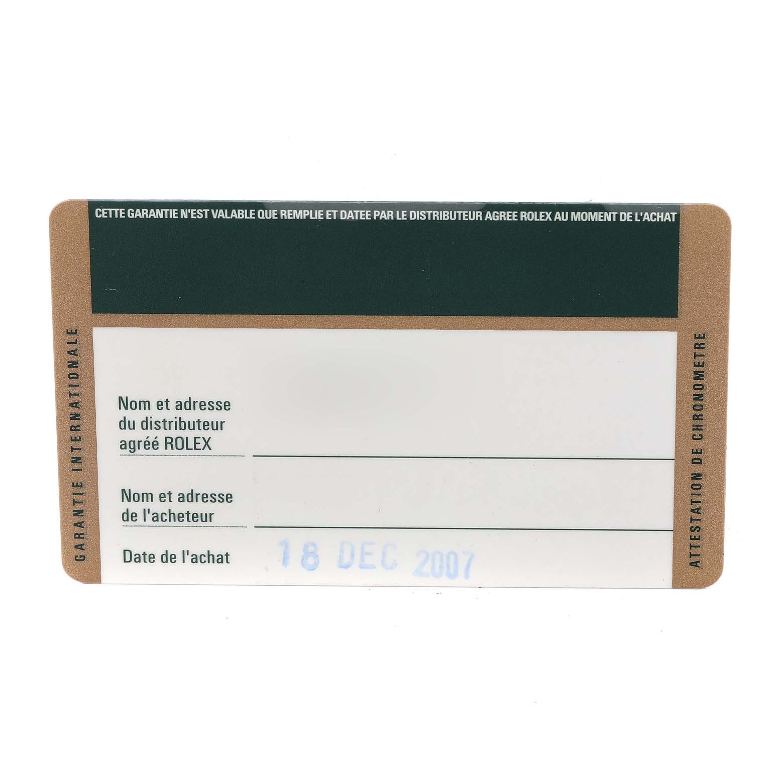 The image shows the warranty card for a Rolex Submariner 16610T Men's Stainless Steel Black Dial 16610T Men's Stainless Steel Black Dial, dated 18 Dec 2007.