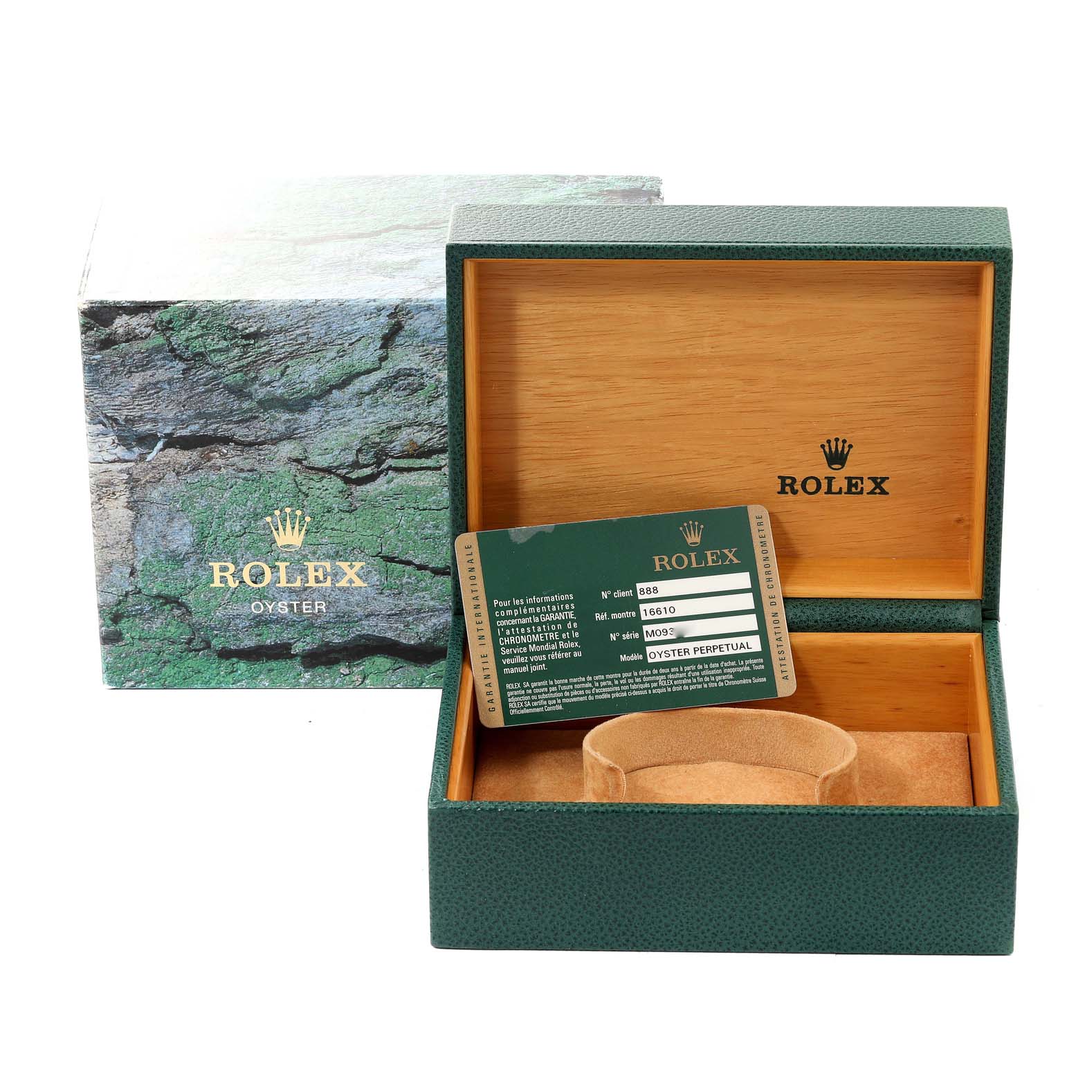 The image shows the box and authentication card for a Rolex Submariner 16610T Men's Stainless Steel Black Dial 16610T Men's Stainless Steel Black Dial watch.