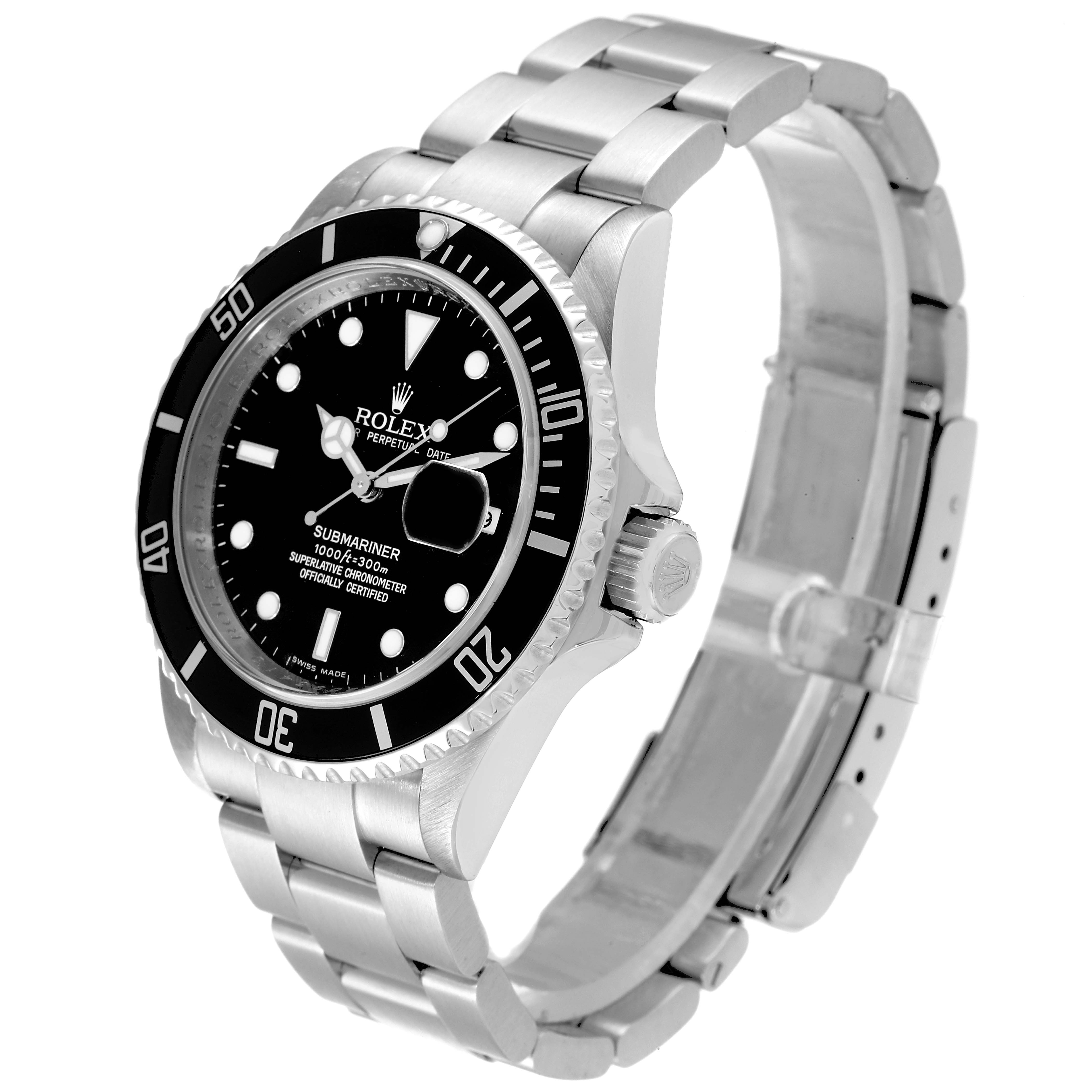 This image shows a Rolex Submariner 16610T Men's Stainless Steel Black Dial 16610T Men's Stainless Steel Black Dial watch at a three-quarter angle, highlighting the watch face, bezel, crown, and stainless steel bracelet.