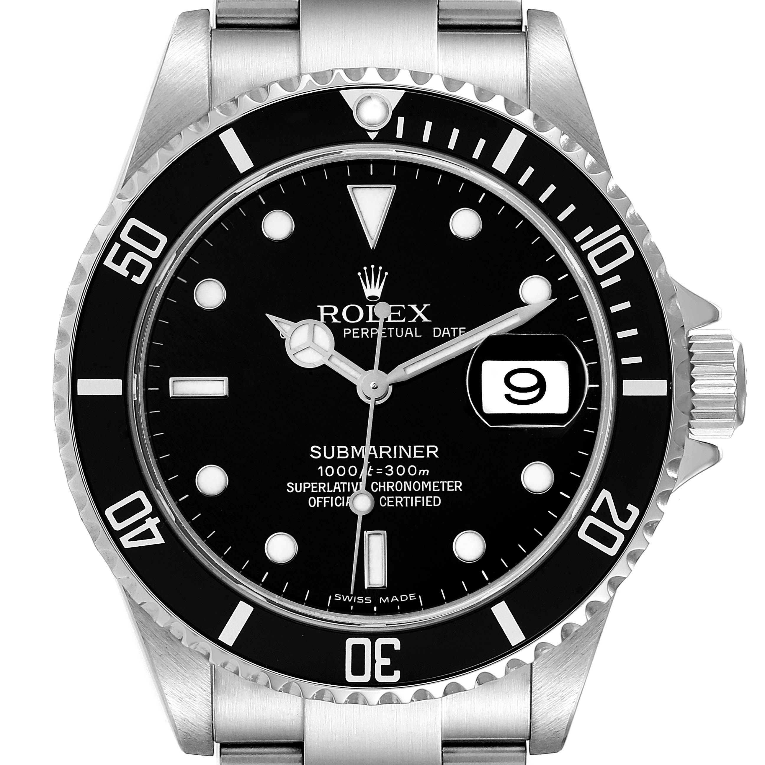This image shows a front angle view of a Rolex Submariner 16610T Men's Stainless Steel Black Dial 16610T Men's Stainless Steel Black Dial watch displaying the dial, bezel, and bracelet.