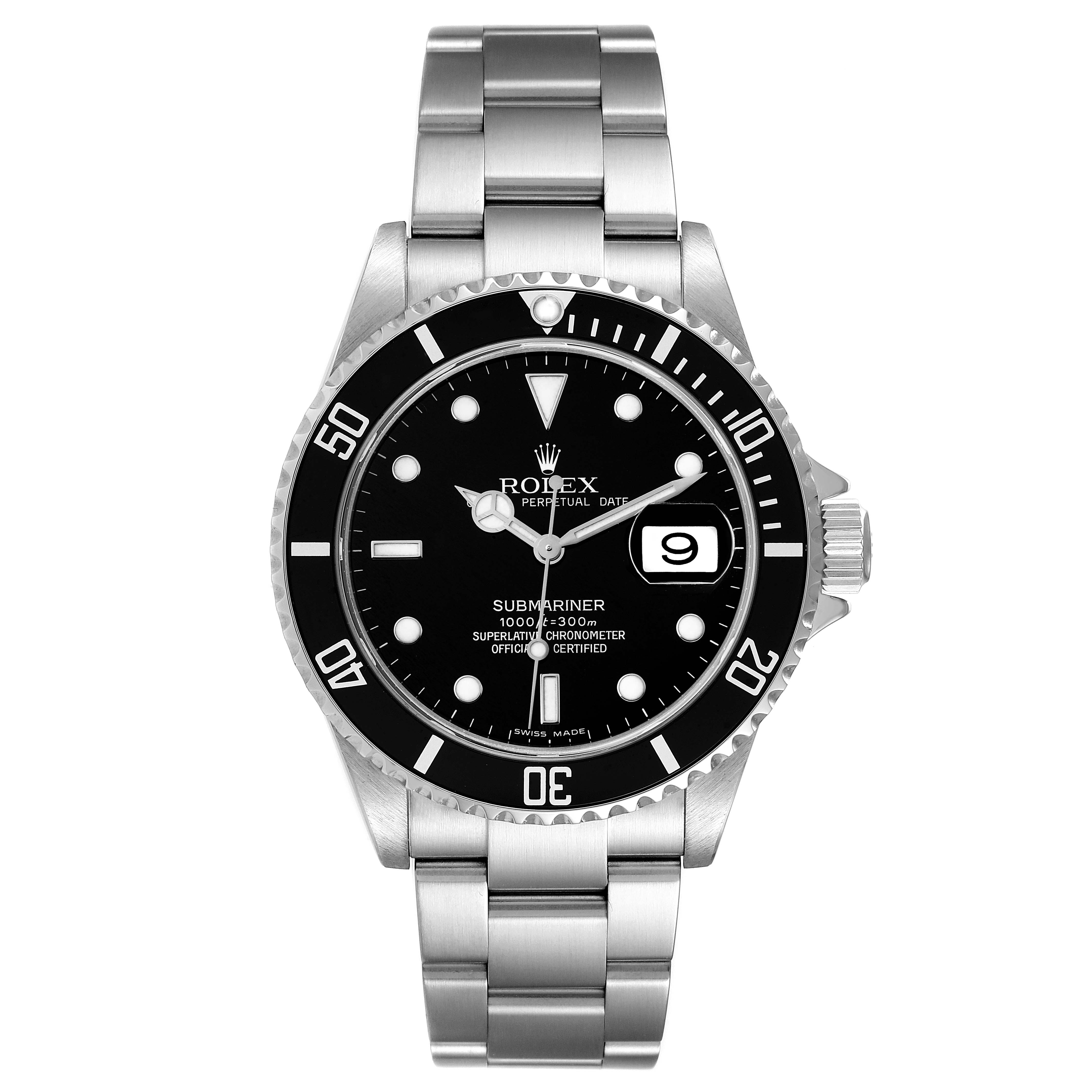 The image shows a front view of a Rolex Submariner 16610T Men's Stainless Steel Black Dial 16610T Men's Stainless Steel Black Dial watch, displaying the dial, bezel, and bracelet.