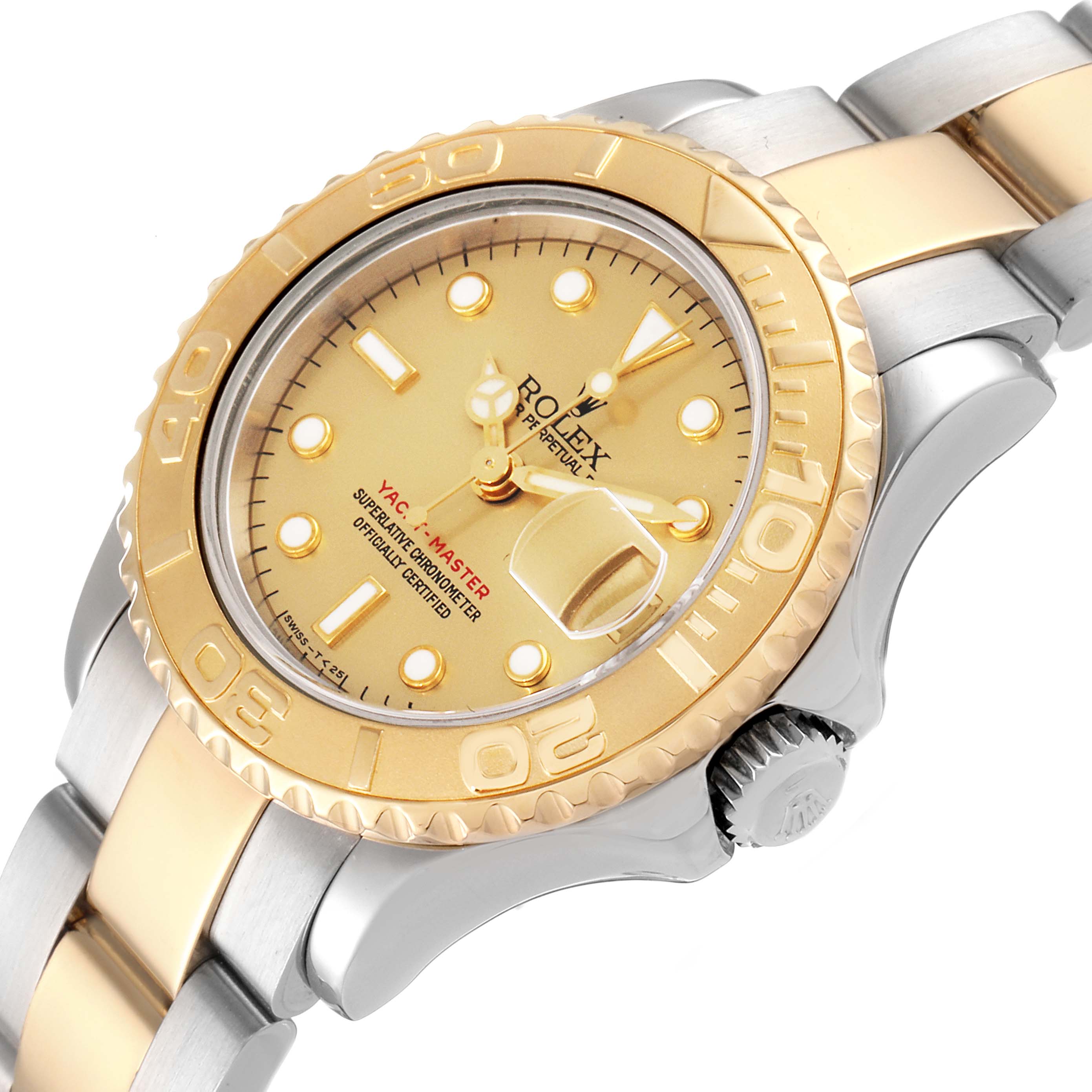 The Rolex Yacht-Master 69623 Women's Steel and Gold (two tone) Champagne Dial 69623 Women's Steel and Gold (two tone) Champagne Dial watch is shown at an angle that highlights the gold bezel, dial, and bi-metal bracelet.