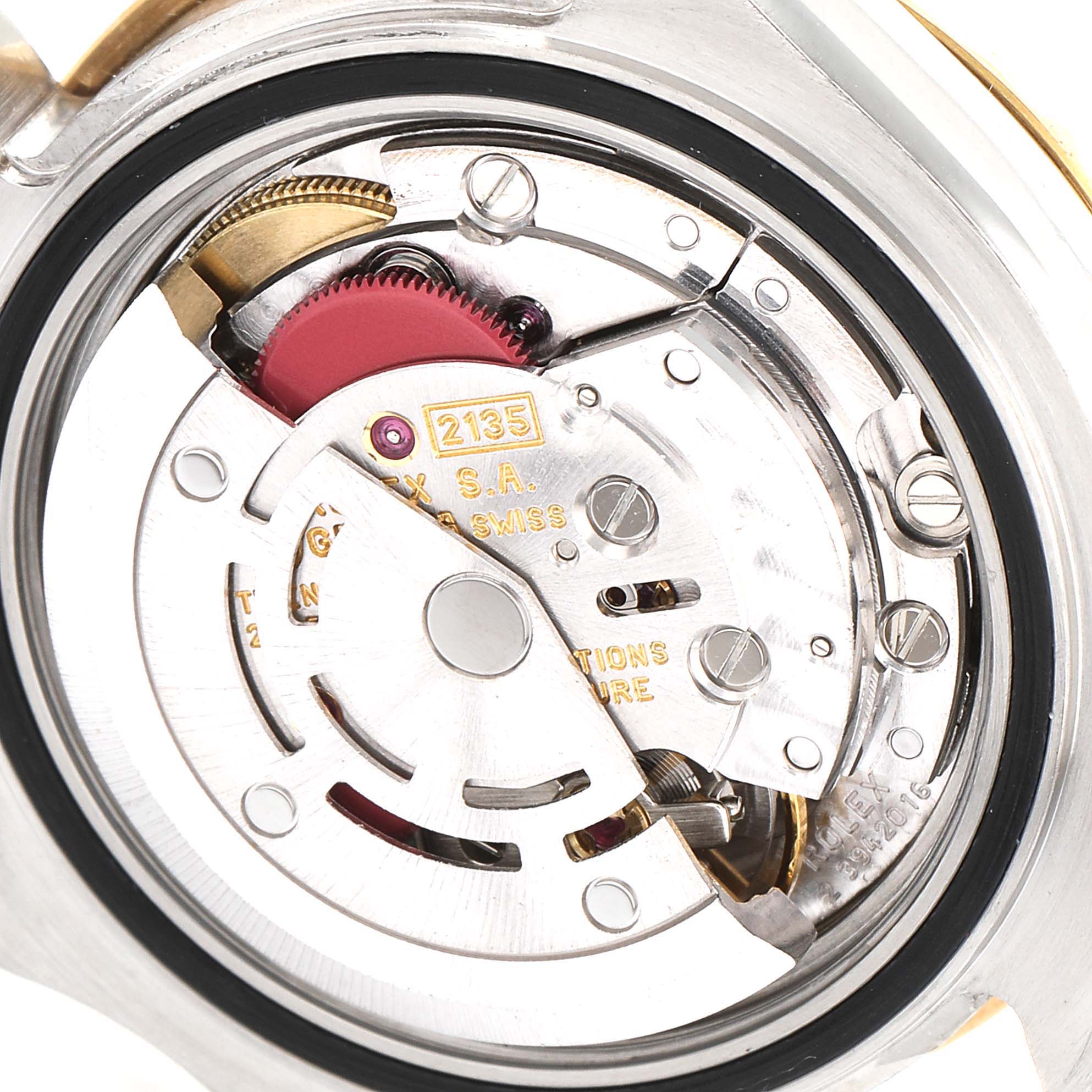 This image shows the internal mechanism and movement parts of a Rolex Yacht-Master 69623 Women's Steel and Gold (two tone) Champagne Dial 69623 Women's Steel and Gold (two tone) Champagne Dial watch from a back angle.