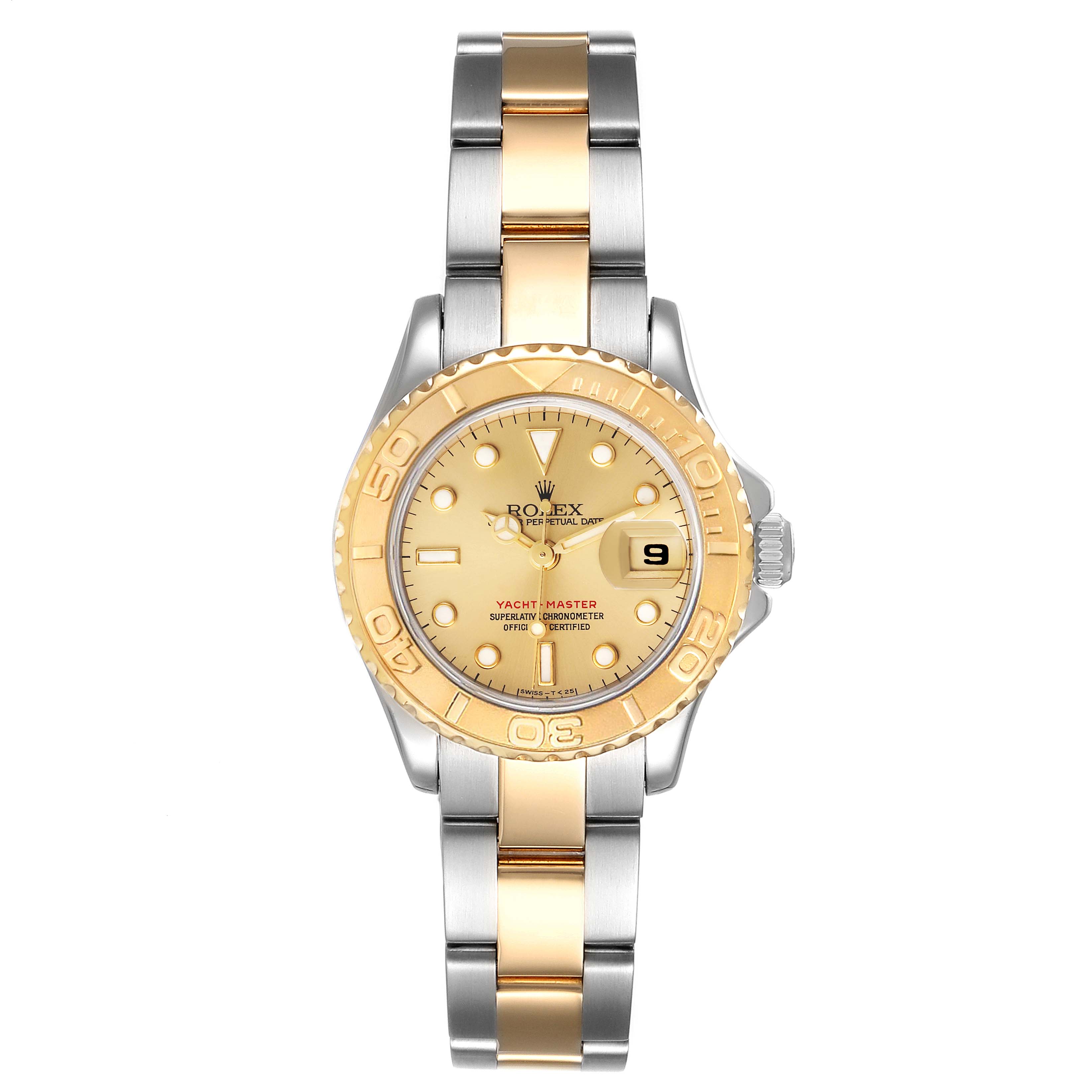 This image shows a front view of a Rolex Yacht-Master 69623 Women's Steel and Gold (two tone) Champagne Dial 69623 Women's Steel and Gold (two tone) Champagne Dial watch, highlighting its gold bezel, dial, and two-tone bracelet.
