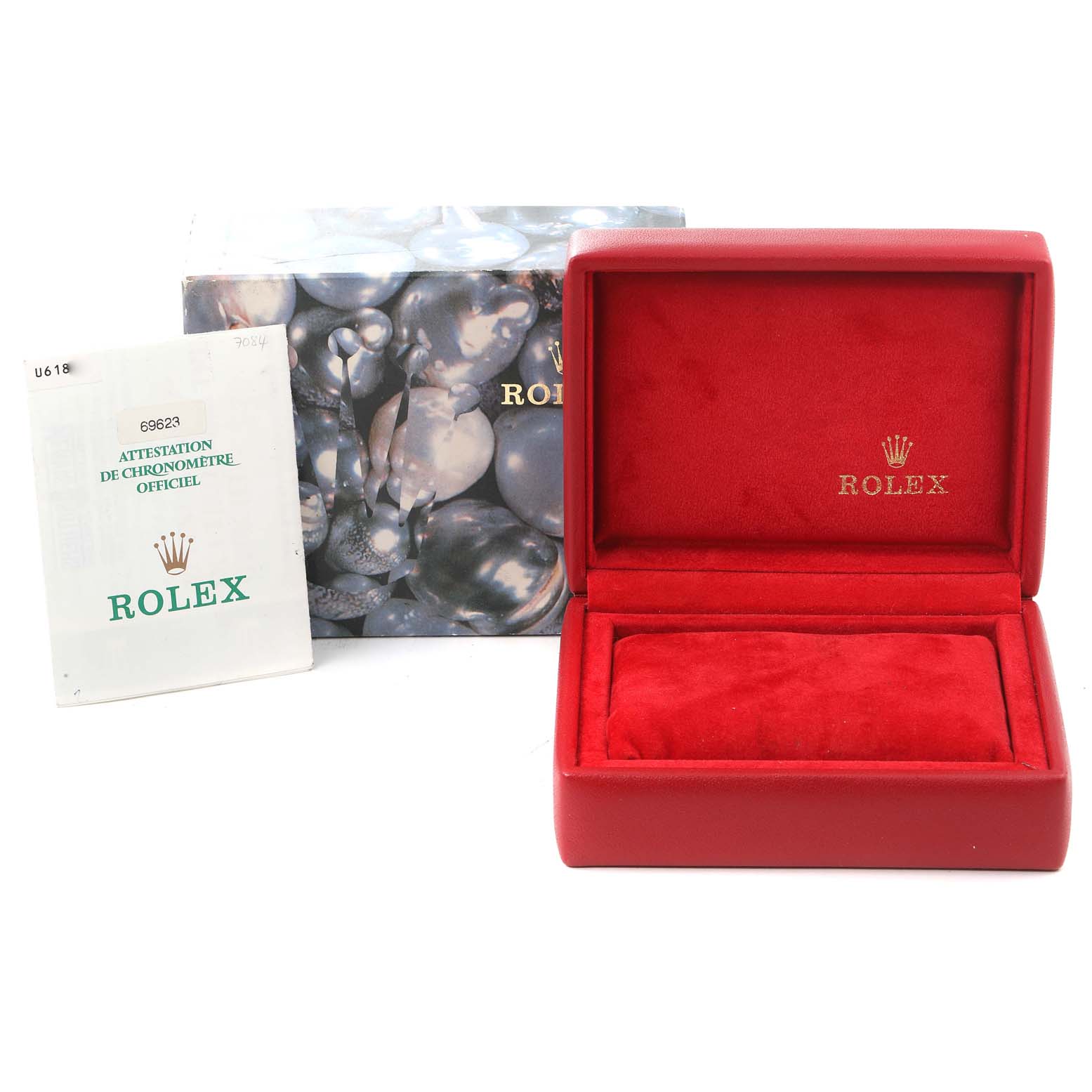 The image shows the packaging, storage box, and manual for a Rolex Yacht-Master 69623 Women's Steel and Gold (two tone) Champagne Dial 69623 Women's Steel and Gold (two tone) Champagne Dial watch.