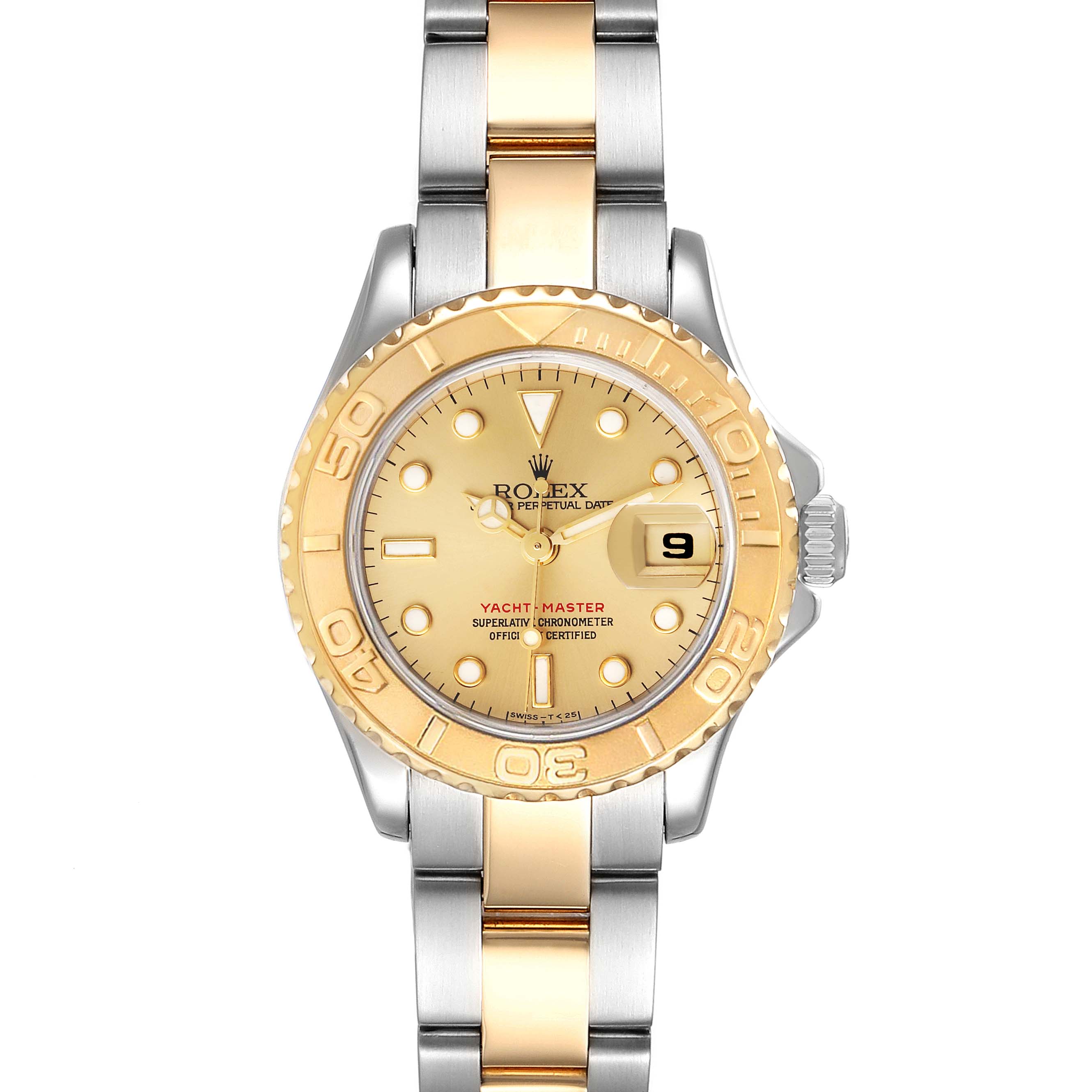 The image shows a front view of a Rolex Yacht-Master 69623 Women's Steel and Gold (two tone) Champagne Dial 69623 Women's Steel and Gold (two tone) Champagne Dial watch, highlighting its two-tone bracelet, gold bezel, and dial.