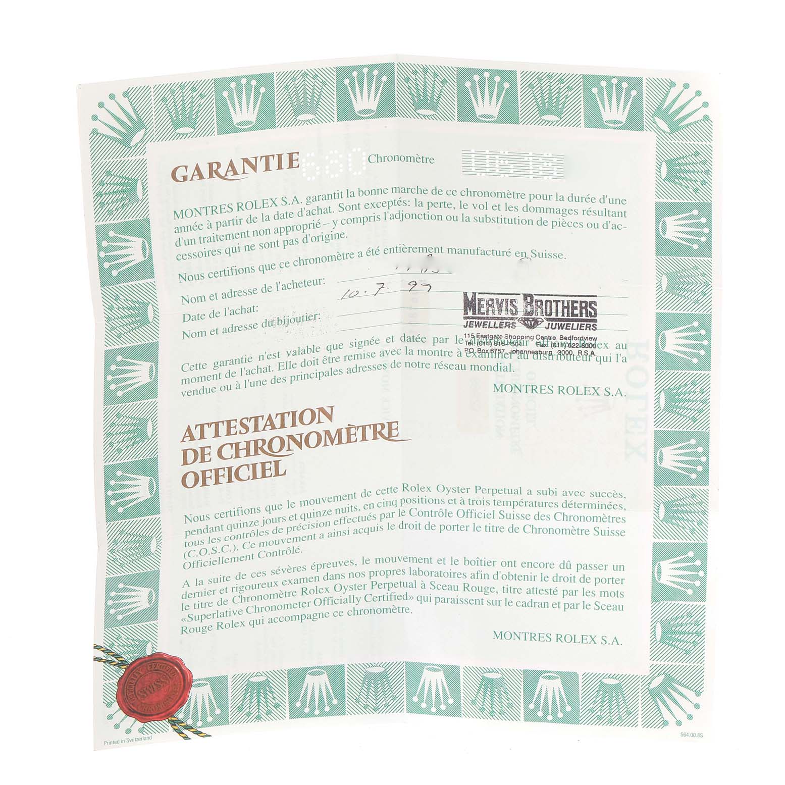 The image shows the warranty document for a Rolex Yacht-Master 69623 Women's Steel and Gold (two tone) Champagne Dial 69623 Women's Steel and Gold (two tone) Champagne Dial watch, including its official chronometer certification.