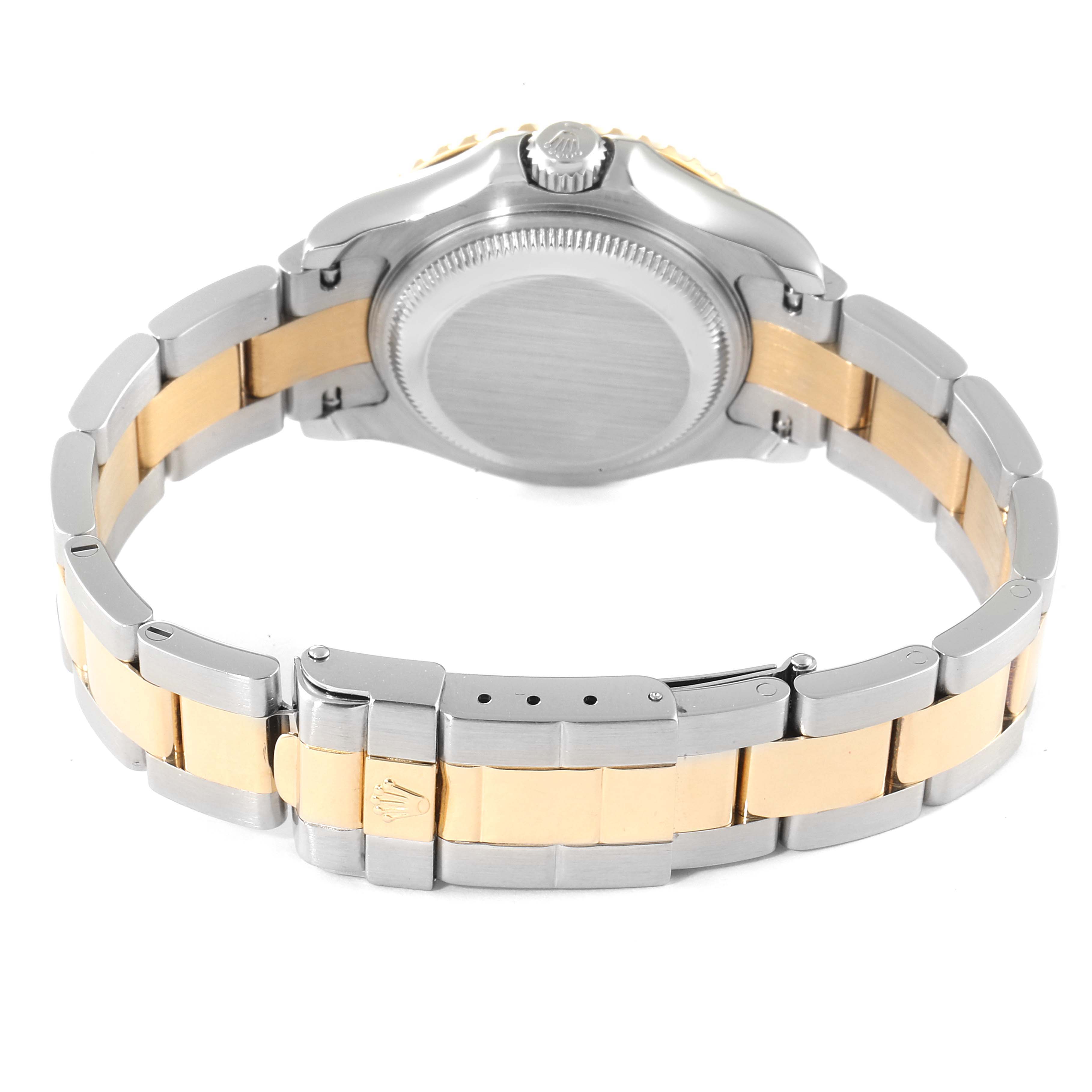 The image shows the back view of a Rolex Yacht-Master 69623 Women's Steel and Gold (two tone) Champagne Dial 69623 Women's Steel and Gold (two tone) Champagne Dial watch, highlighting the bracelet, clasp, and case back.