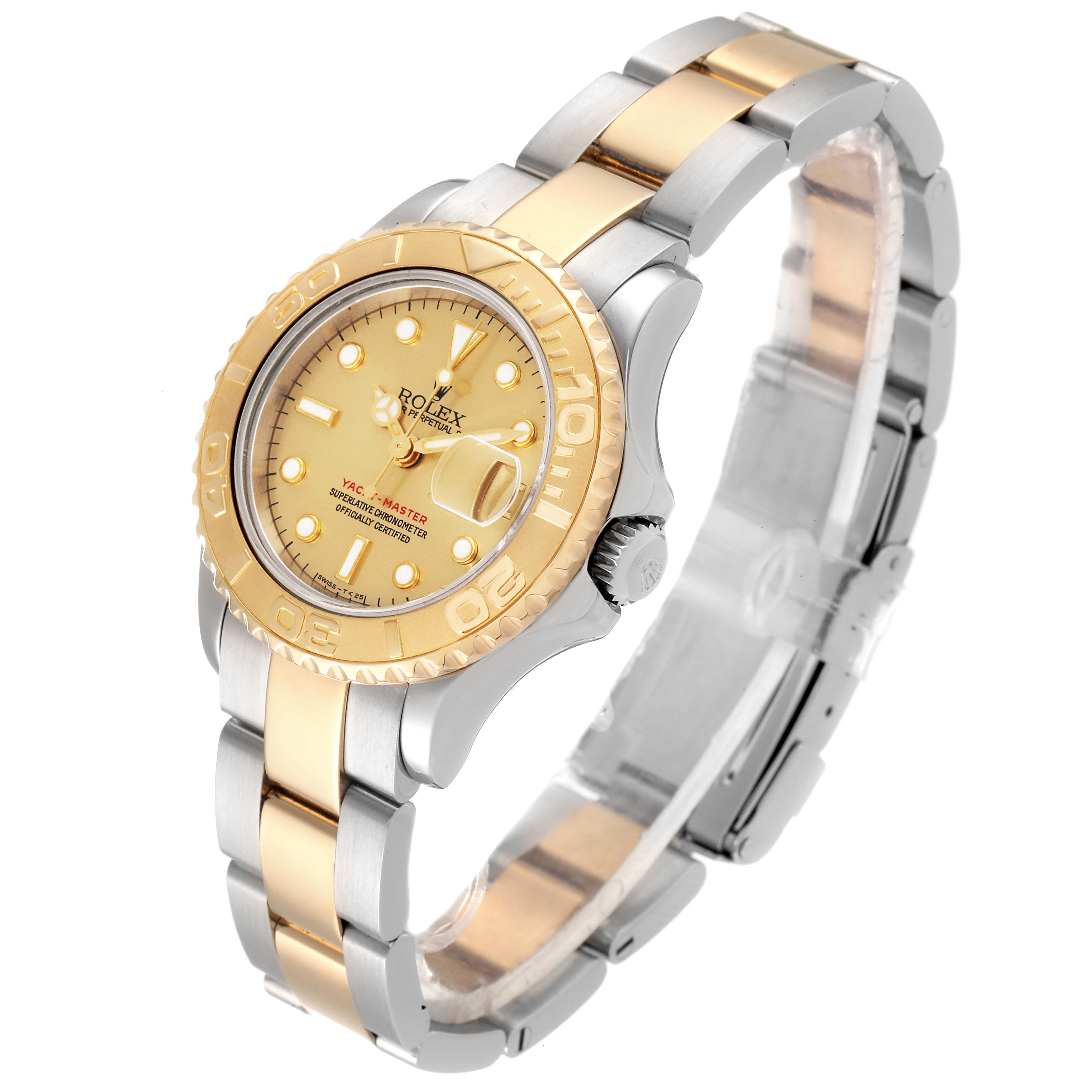 The Rolex Yacht-Master 69623 Women's Steel and Gold (two tone) Champagne Dial 69623 Women's Steel and Gold (two tone) Champagne Dial watch is shown at an angle highlighting the dial, bezel, case, and bracelet.