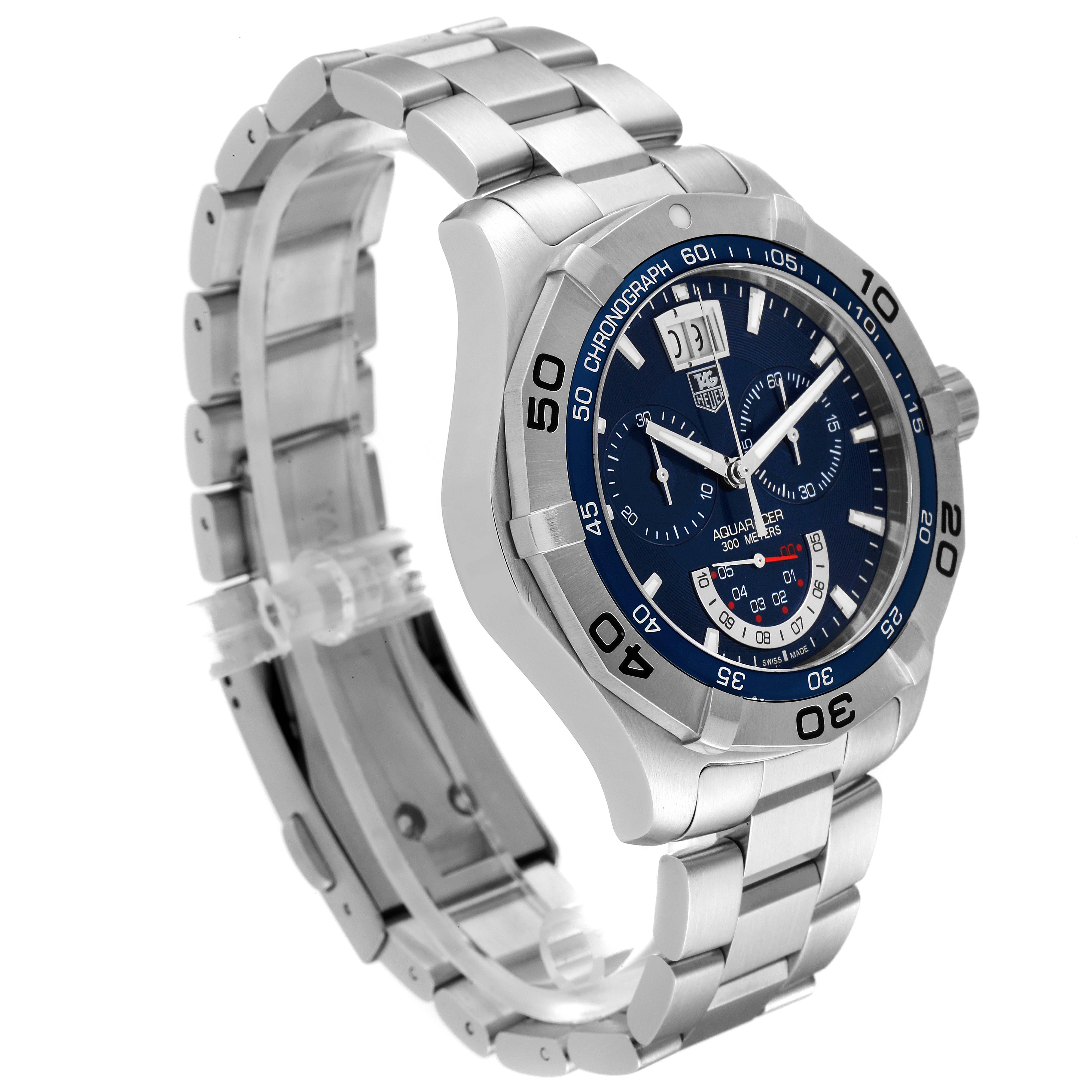 This image shows a side and front angle of the Tag Heuer Aquaracer CAF101C.BA0821 Men's Stainless Steel Blue Dial CAF101C.BA0821 Men's Stainless Steel Blue Dial watch, highlighting the dial, bezel, and stainless steel bracelet.