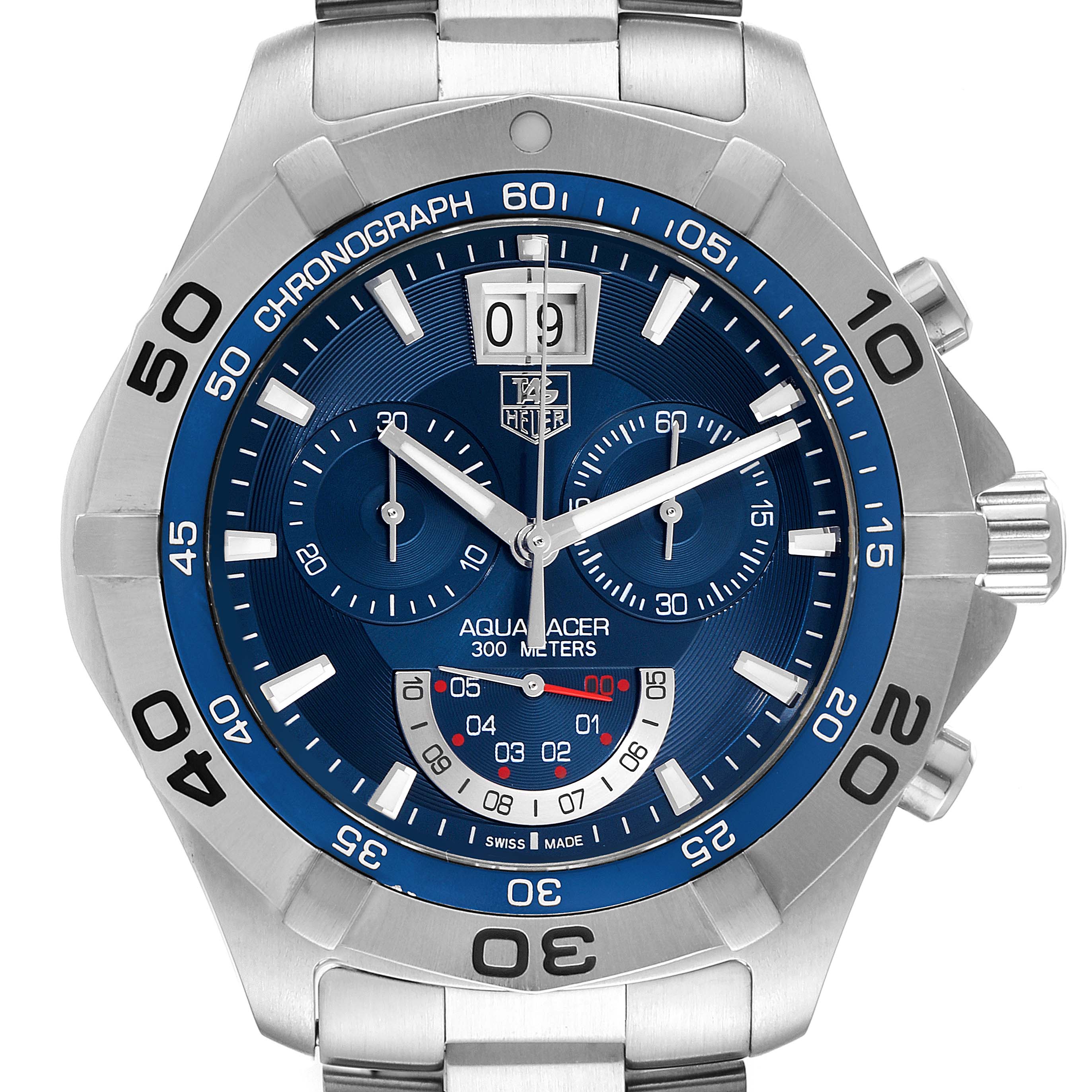 This image shows a front view of a Tag Heuer Aquaracer CAF101C.BA0821 Men's Stainless Steel Blue Dial CAF101C.BA0821 Men's Stainless Steel Blue Dial watch, displaying its dial, subdials, bezel, and stainless steel bracelet.