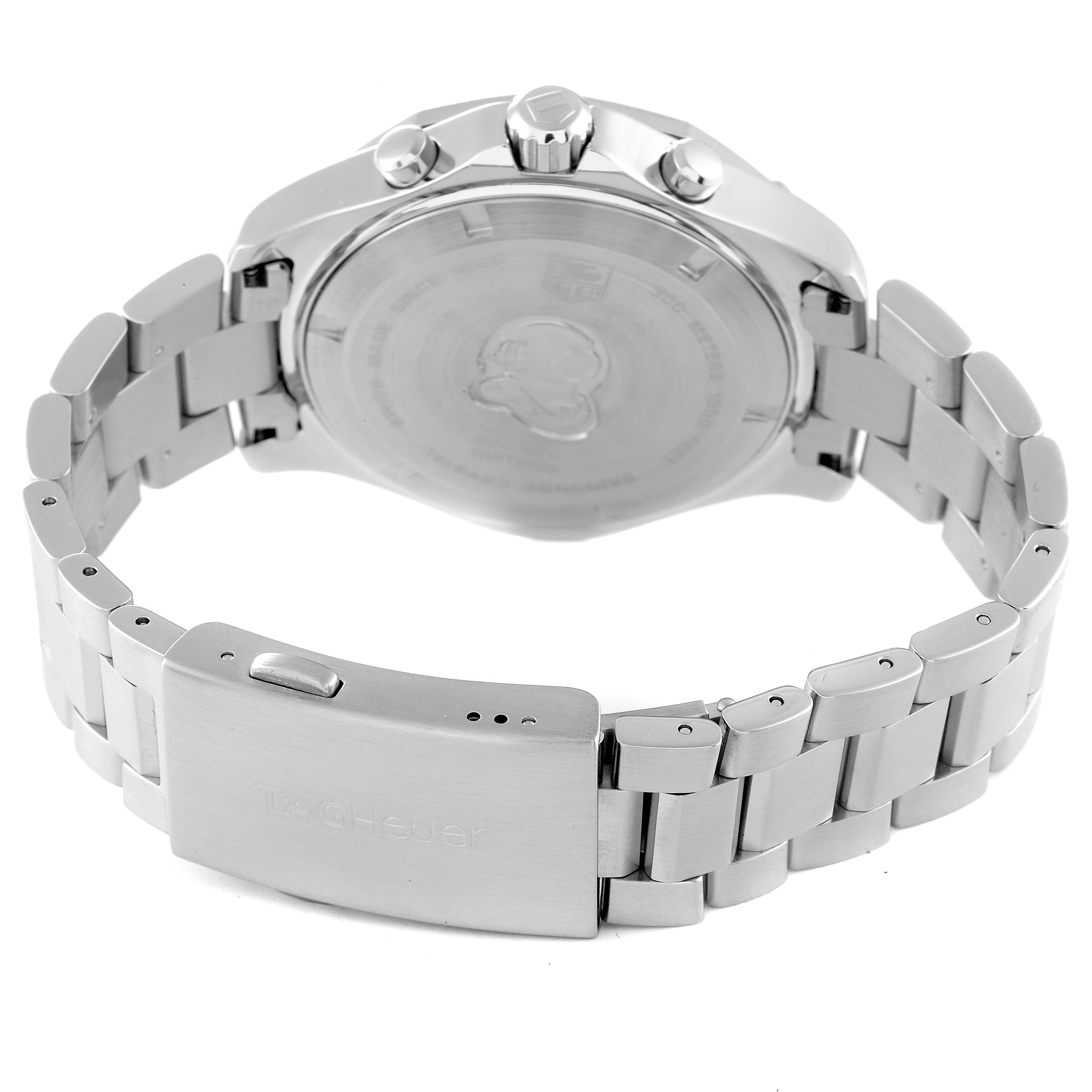 The image shows the rear view of the Tag Heuer Aquaracer CAF101C.BA0821 Men's Stainless Steel Blue Dial CAF101C.BA0821 Men's Stainless Steel Blue Dial watch, focusing on the stainless steel case back, bracelet, and clasp.