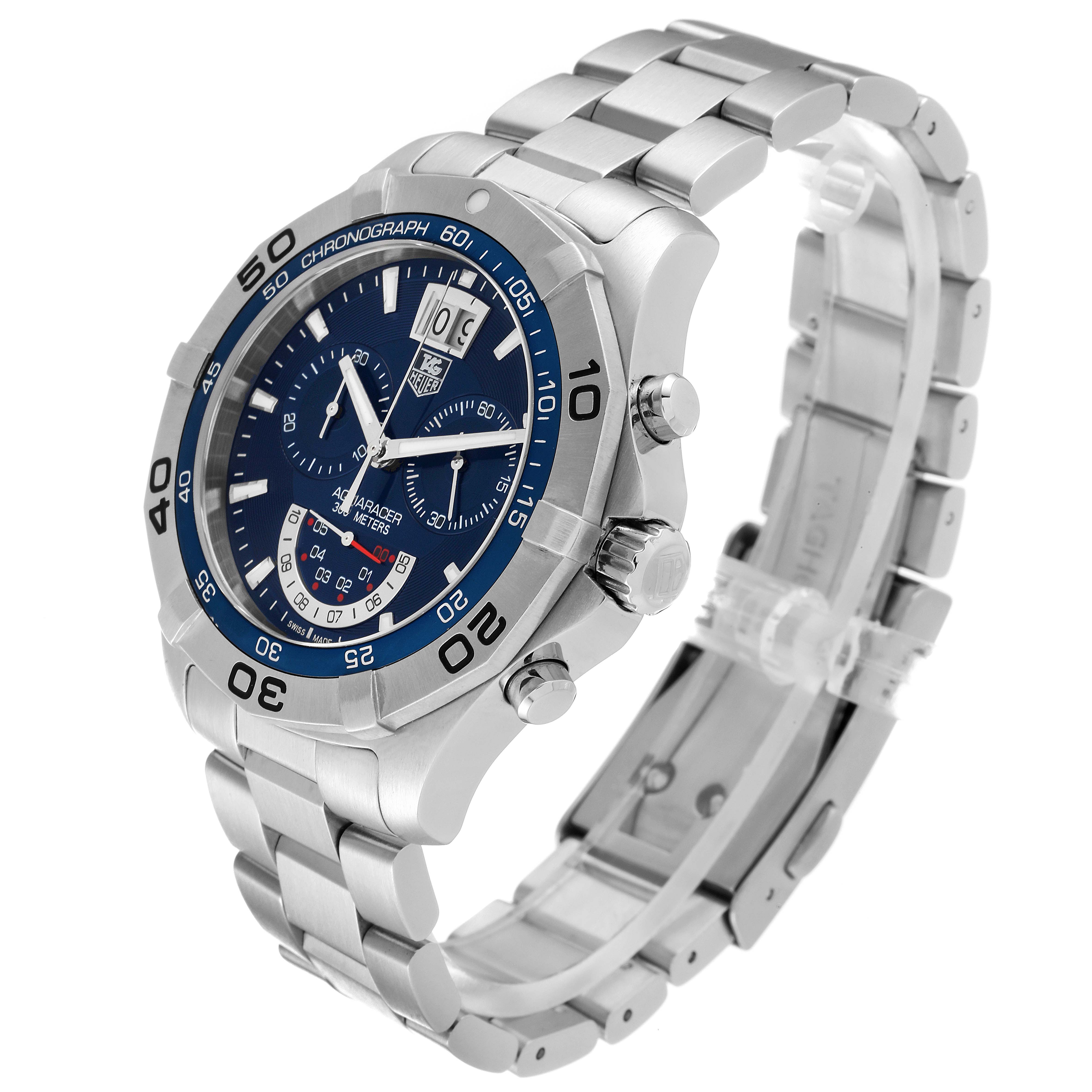 The image shows a side view of the Tag Heuer Aquaracer CAF101C.BA0821 Men's Stainless Steel Blue Dial CAF101C.BA0821 Men's Stainless Steel Blue Dial watch highlighting its bezel, dial, pushers, and bracelet.
