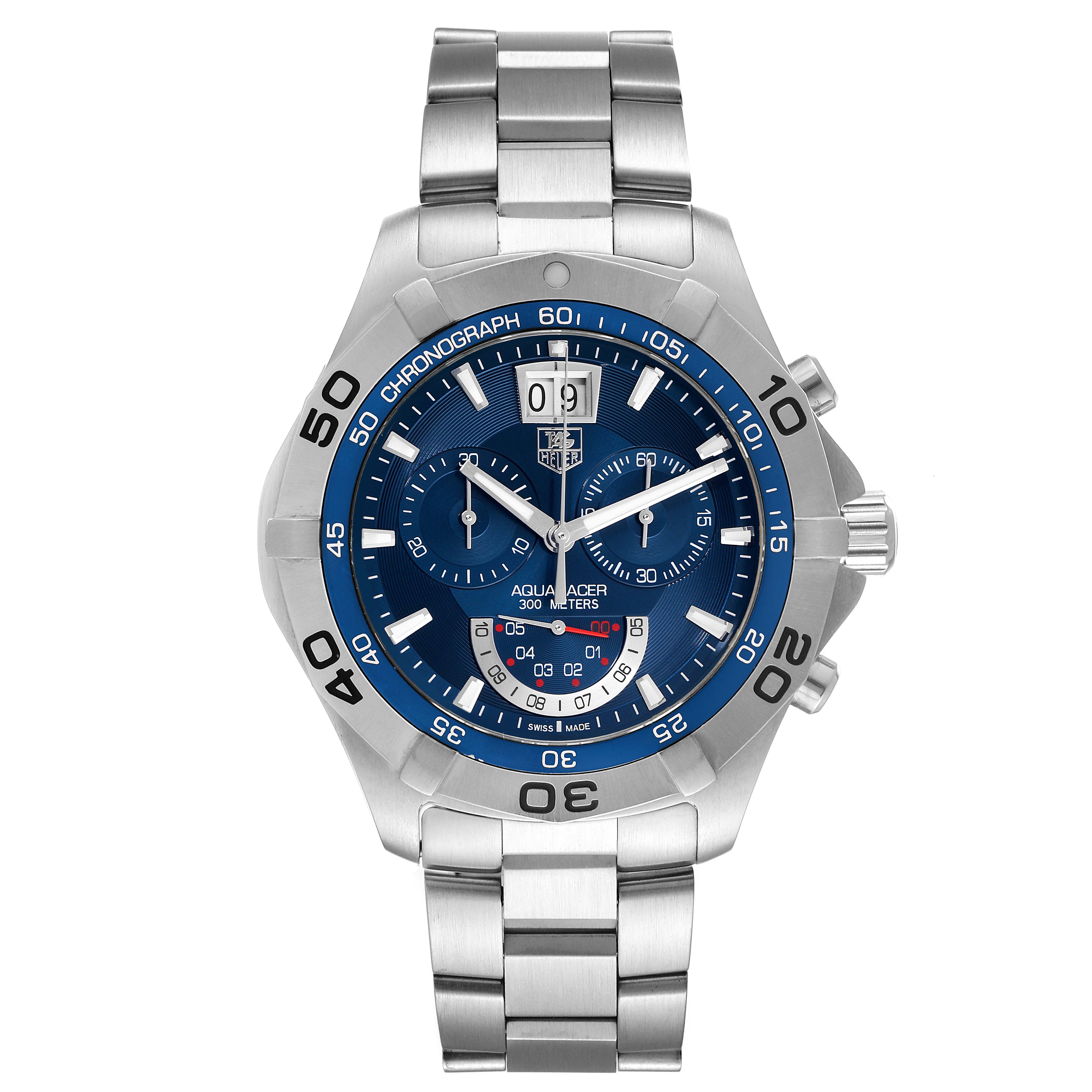 This image shows a front view of a Tag Heuer Aquaracer CAF101C.BA0821 Men's Stainless Steel Blue Dial CAF101C.BA0821 Men's Stainless Steel Blue Dial watch, highlighting its stainless steel case and bracelet, blue dial, and chronograph functions.
