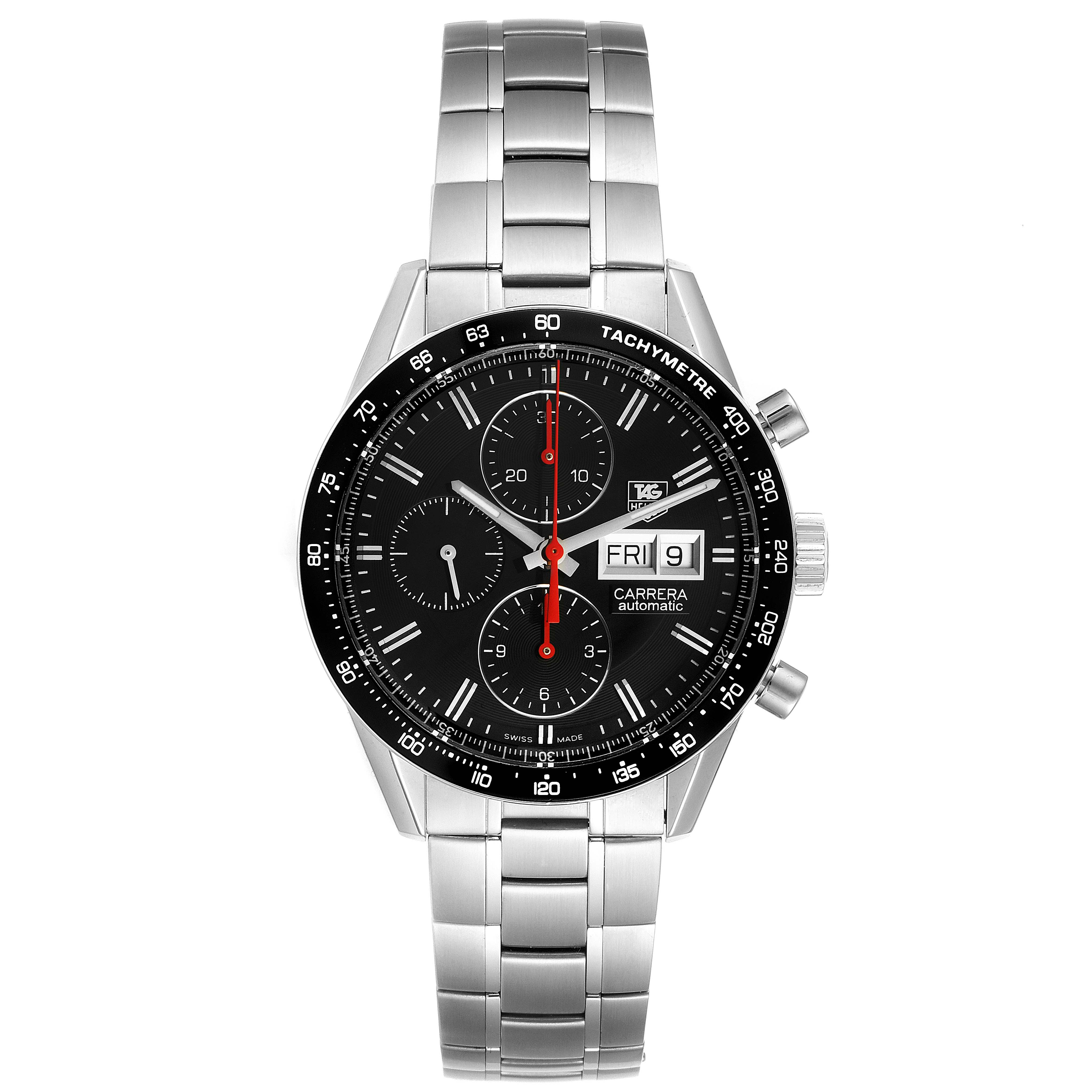 The image shows a front view of the Tag Heuer Carrera CV201AHBA0725  Men's Stainless Steel Black Dial CV201AHBA0725  Men's Stainless Steel Black Dial watch, featuring its black dial, chronograph subdials, and stainless steel bracelet.