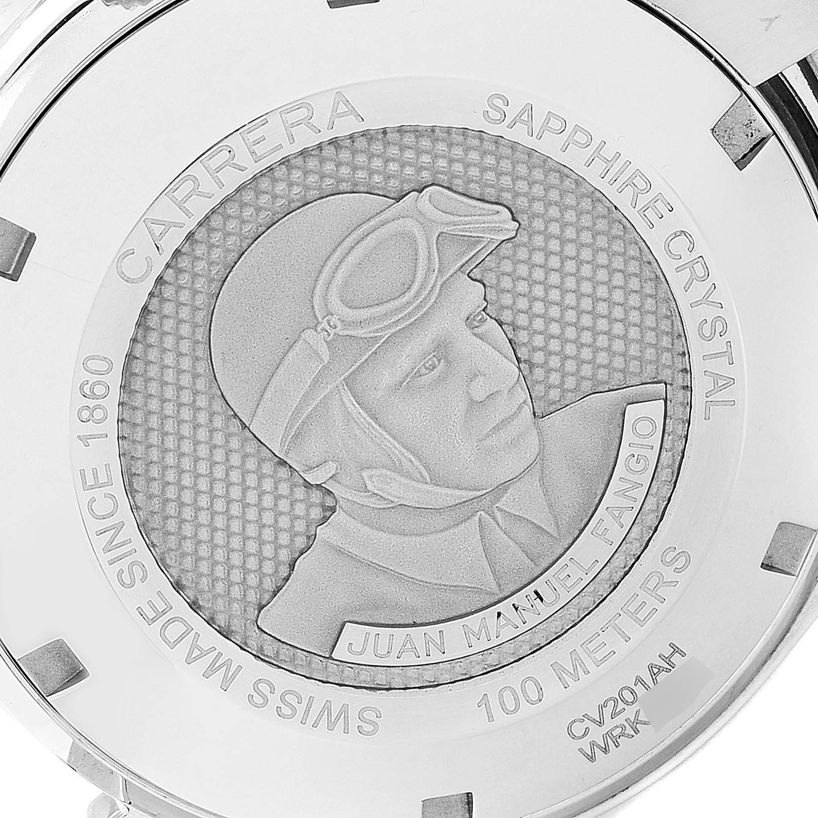 This image shows the engraved case back of a Tag Heuer Carrera CV201AHBA0725  Men's Stainless Steel Black Dial CV201AHBA0725  Men's Stainless Steel Black Dial watch.