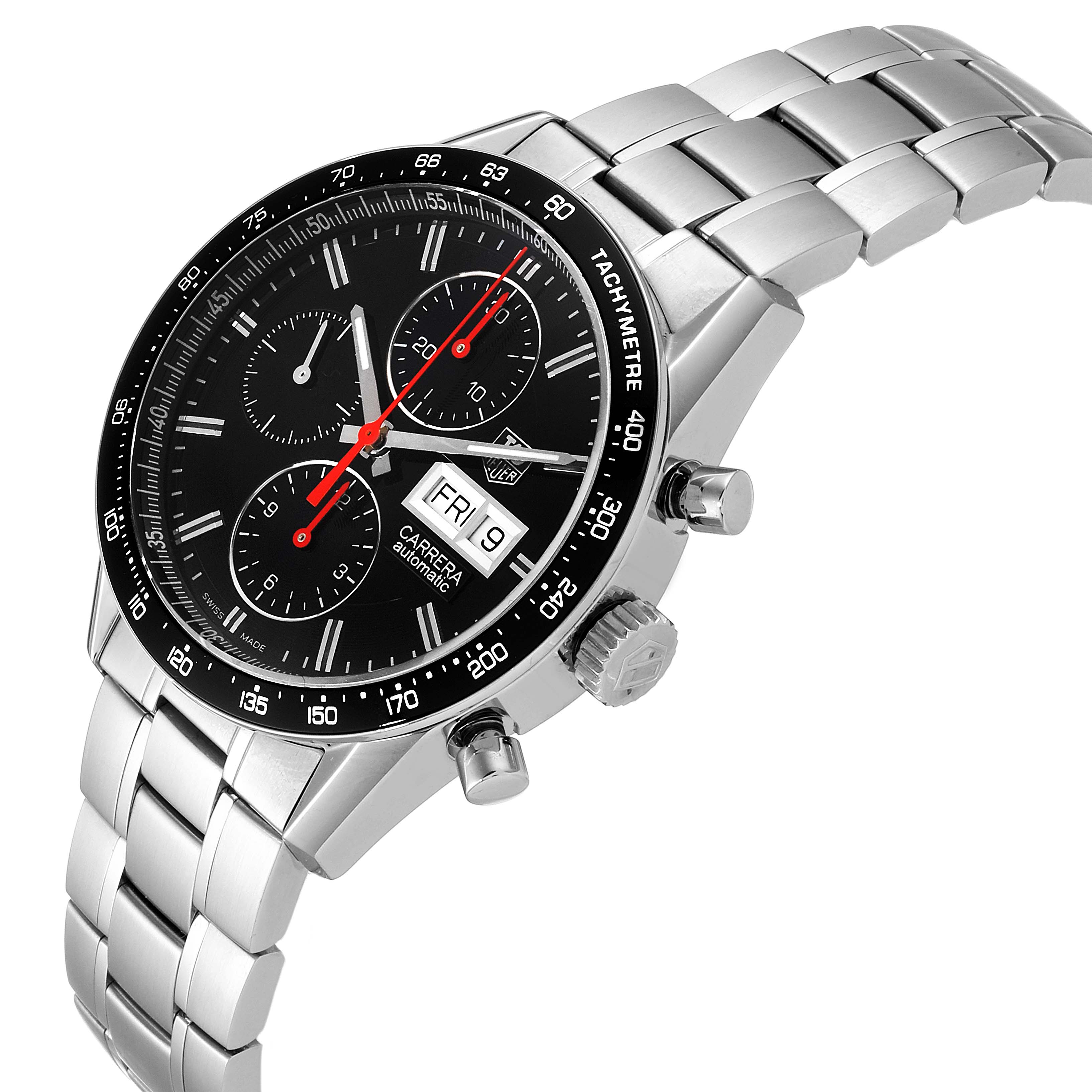 The image shows a Tag Heuer Carrera CV201AHBA0725  Men's Stainless Steel Black Dial CV201AHBA0725  Men's Stainless Steel Black Dial model watch, featuring a black dial, chronograph dials, a tachymeter bezel, and a metal bracelet, viewed from a slight side angle.
