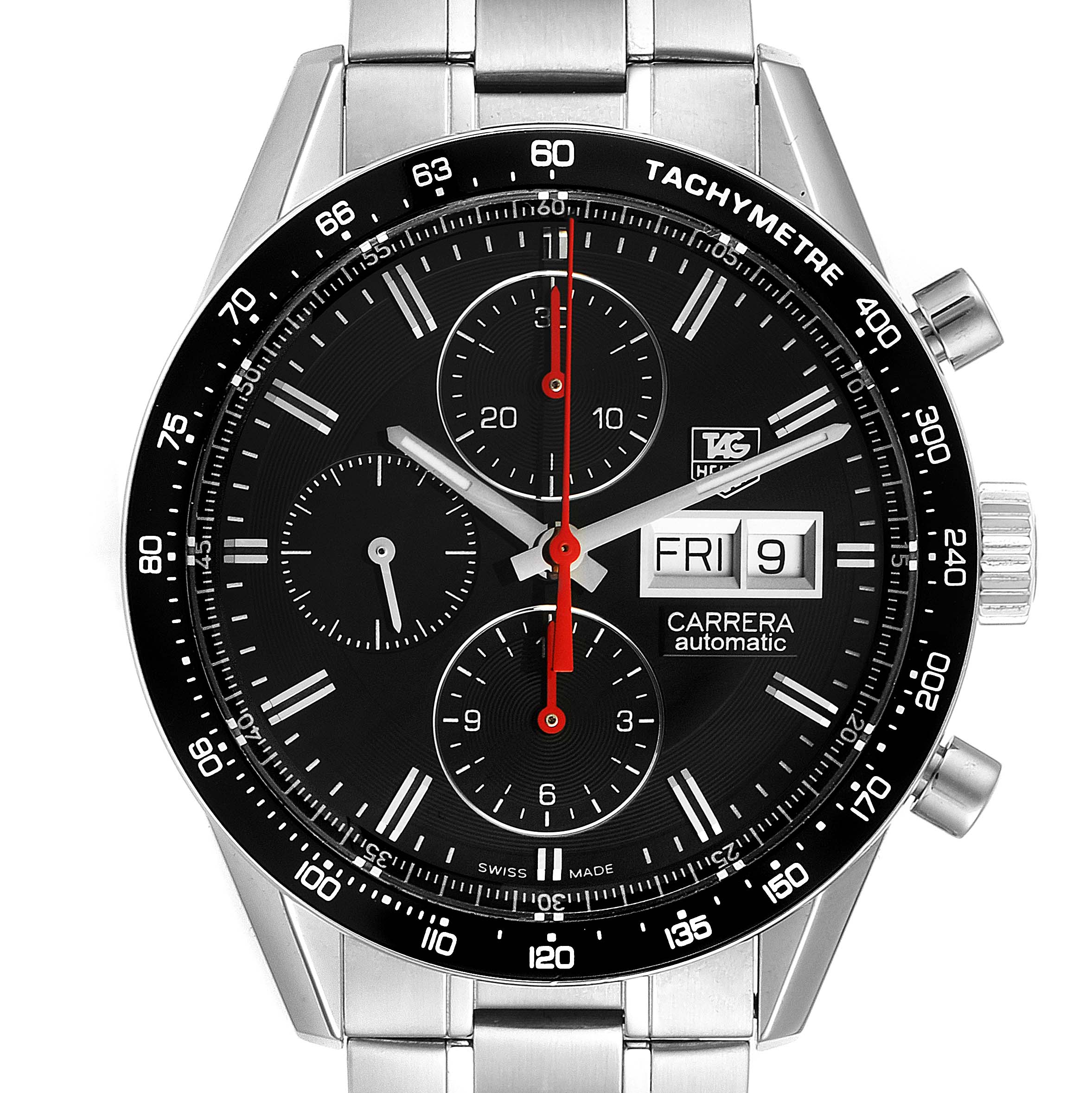 This front view of the Tag Heuer Carrera CV201AHBA0725  Men's Stainless Steel Black Dial CV201AHBA0725  Men's Stainless Steel Black Dial watch shows the dial, chronograph subdials, day-date window, and tachymeter bezel.