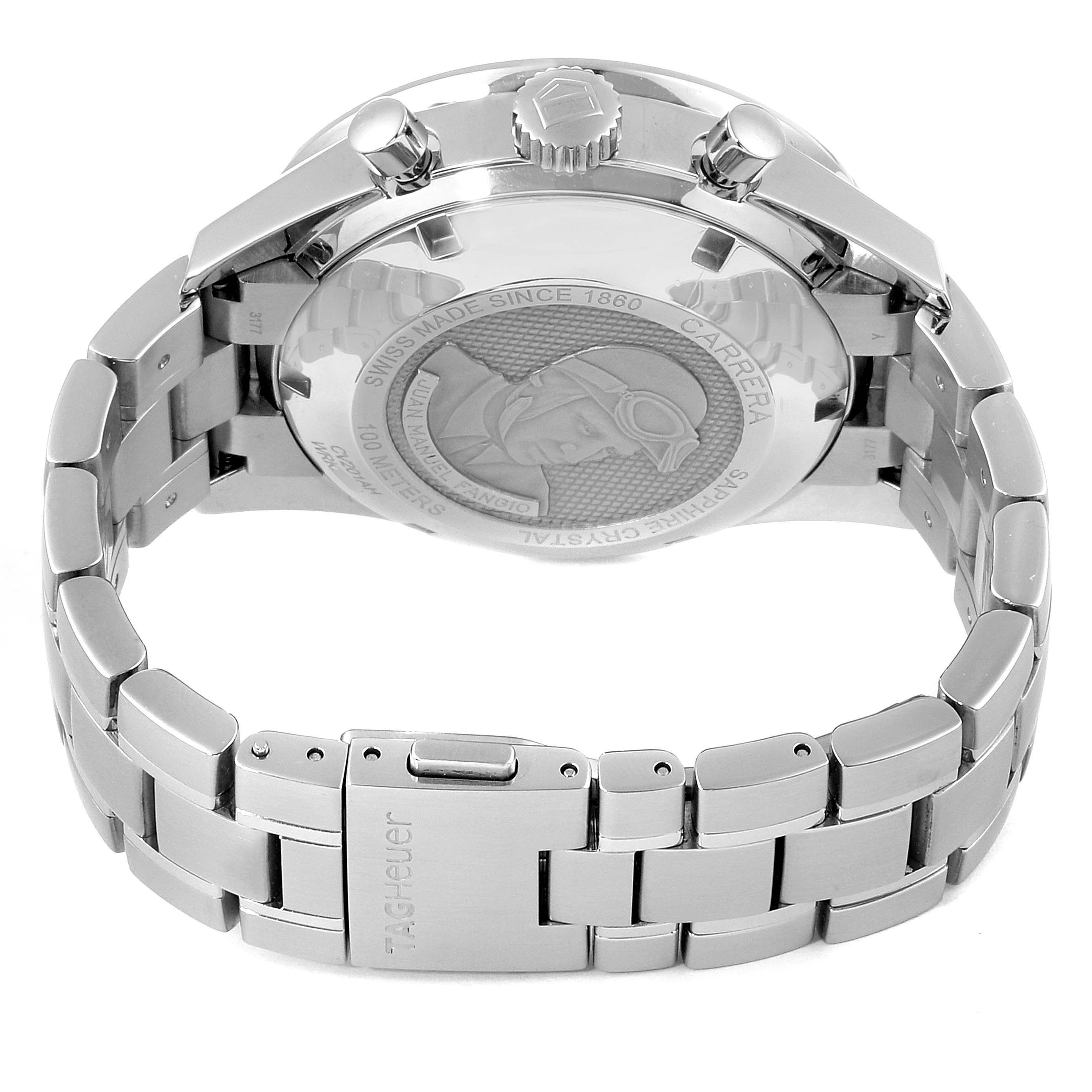 The image shows the back and bracelet of a Tag Heuer Carrera CV201AHBA0725  Men's Stainless Steel Black Dial CV201AHBA0725  Men's Stainless Steel Black Dial watch, highlighting the caseback design and clasp.