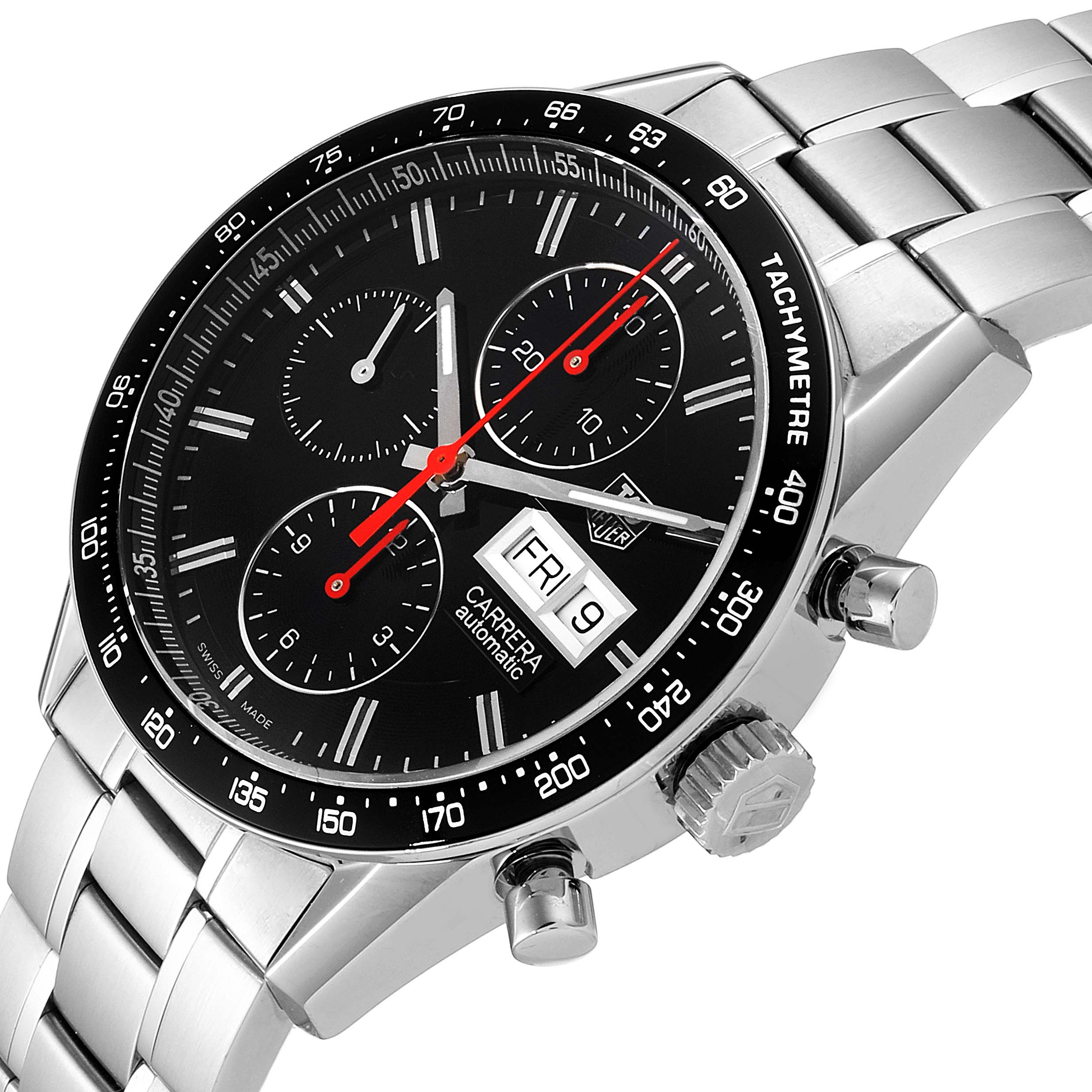 The image shows a side angle of the Tag Heuer Carrera CV201AHBA0725  Men's Stainless Steel Black Dial CV201AHBA0725  Men's Stainless Steel Black Dial watch focusing on its tachymeter, chronograph dials, and date display.