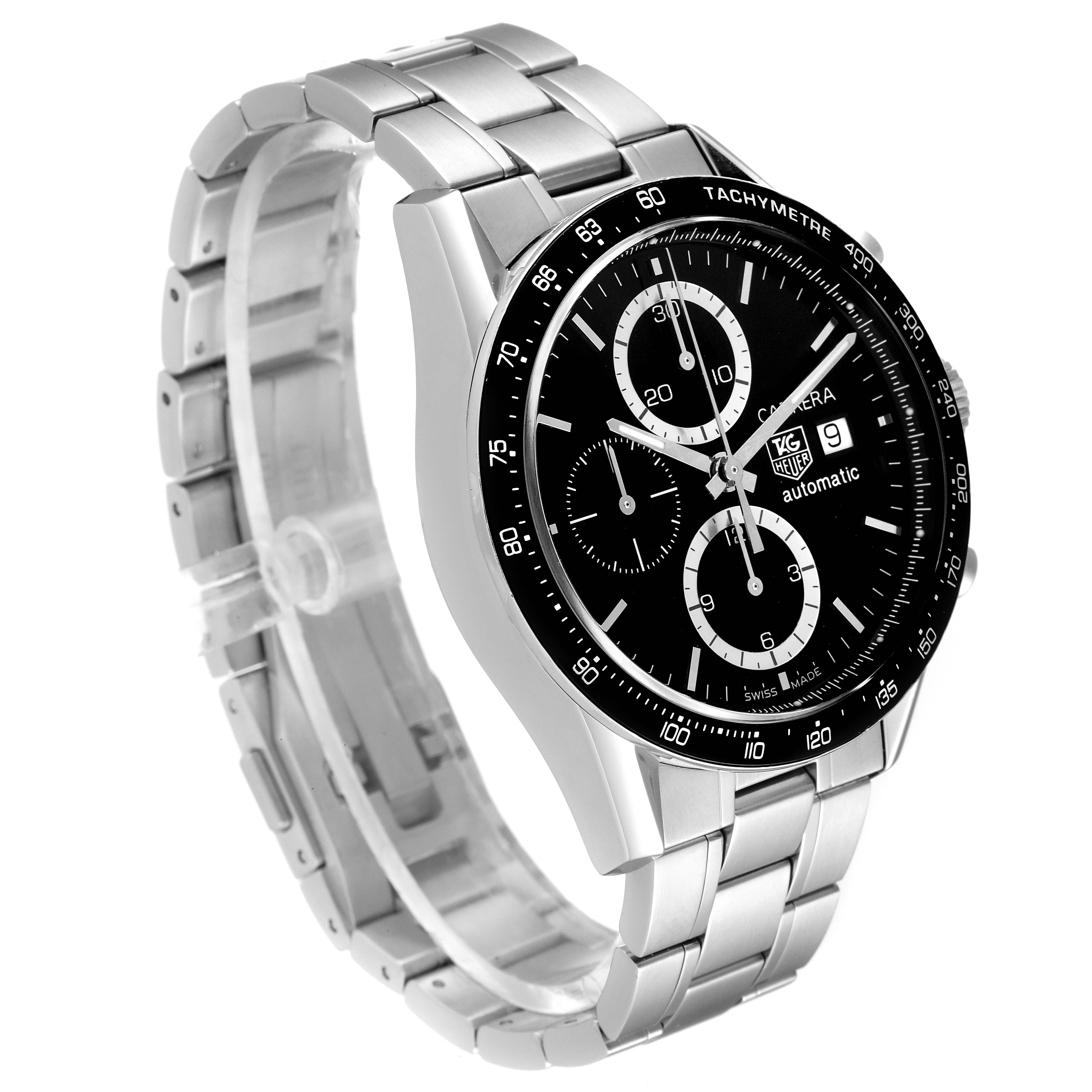 The Tag Heuer Carrera CV2010 Men's Stainless Steel Black Dial CV2010 Men's Stainless Steel Black Dial watch is shown at a three-quarter angle highlighting its black dial, tachymeter bezel, and stainless steel bracelet.