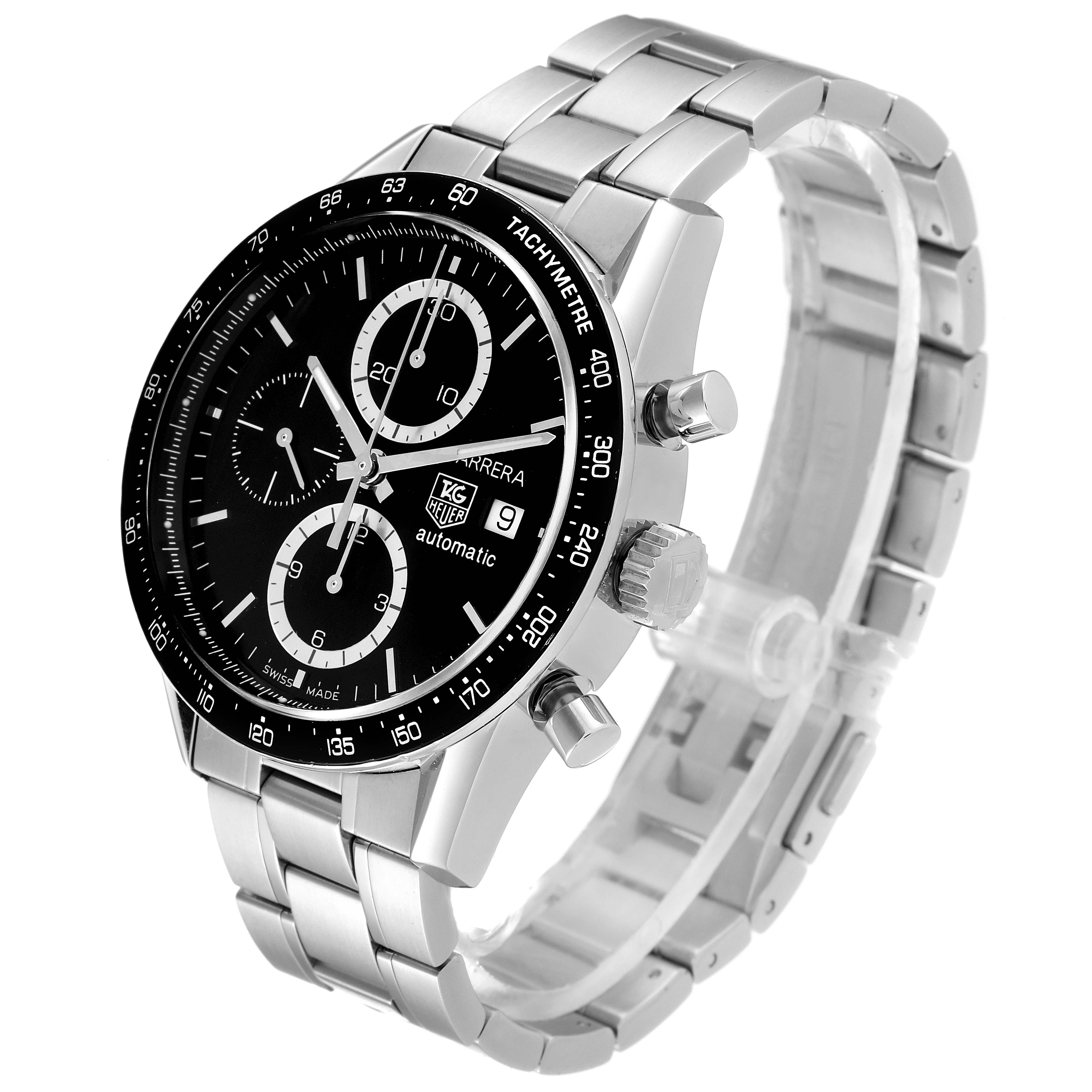 The Tag Heuer Carrera CV2010 Men's Stainless Steel Black Dial CV2010 Men's Stainless Steel Black Dial watch is shown at an angled side view, highlighting its face, bezel, and stainless steel bracelet.