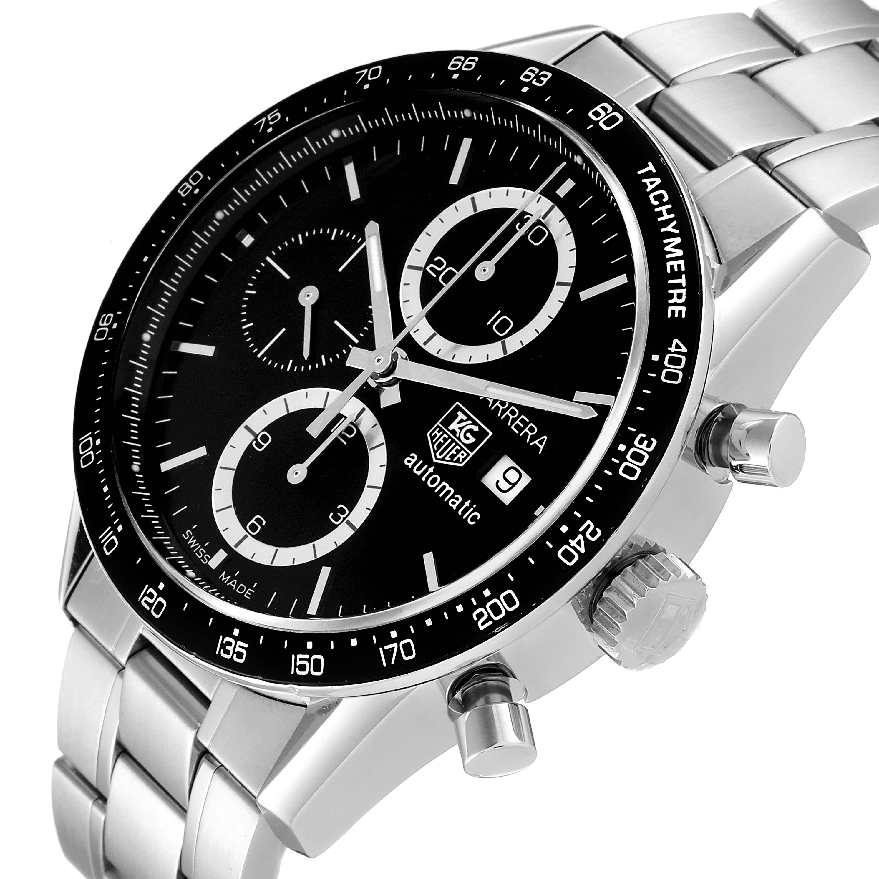The Tag Heuer Carrera CV2010 Men's Stainless Steel Black Dial CV2010 Men's Stainless Steel Black Dial watch is shown at a slight angle, highlighting its black dial, chronograph subdials, and silver bracelet.