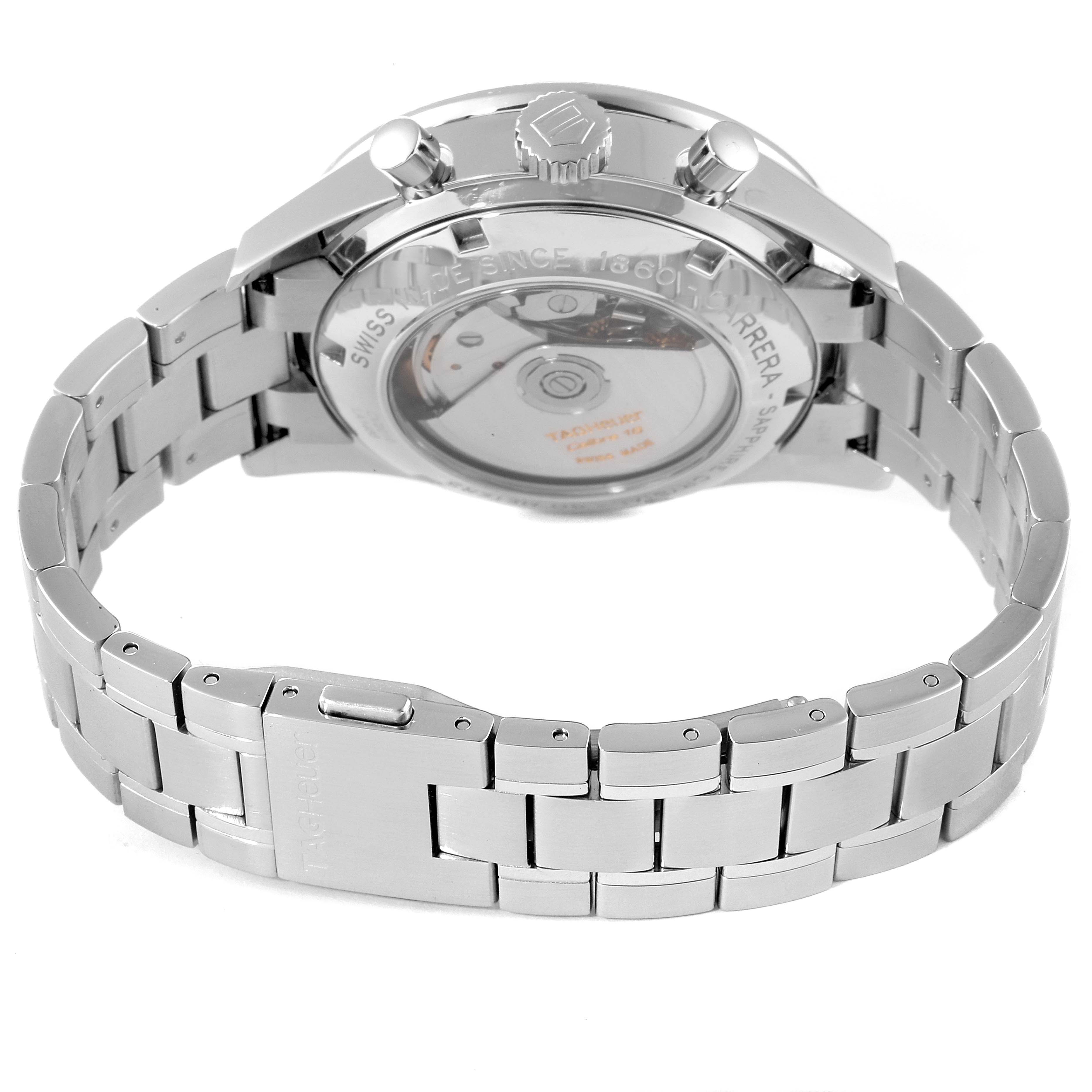 The image shows the back view of a Tag Heuer Carrera CV2010 Men's Stainless Steel Black Dial CV2010 Men's Stainless Steel Black Dial watch, highlighting the case back, crown, pushers, bracelet, and clasp.