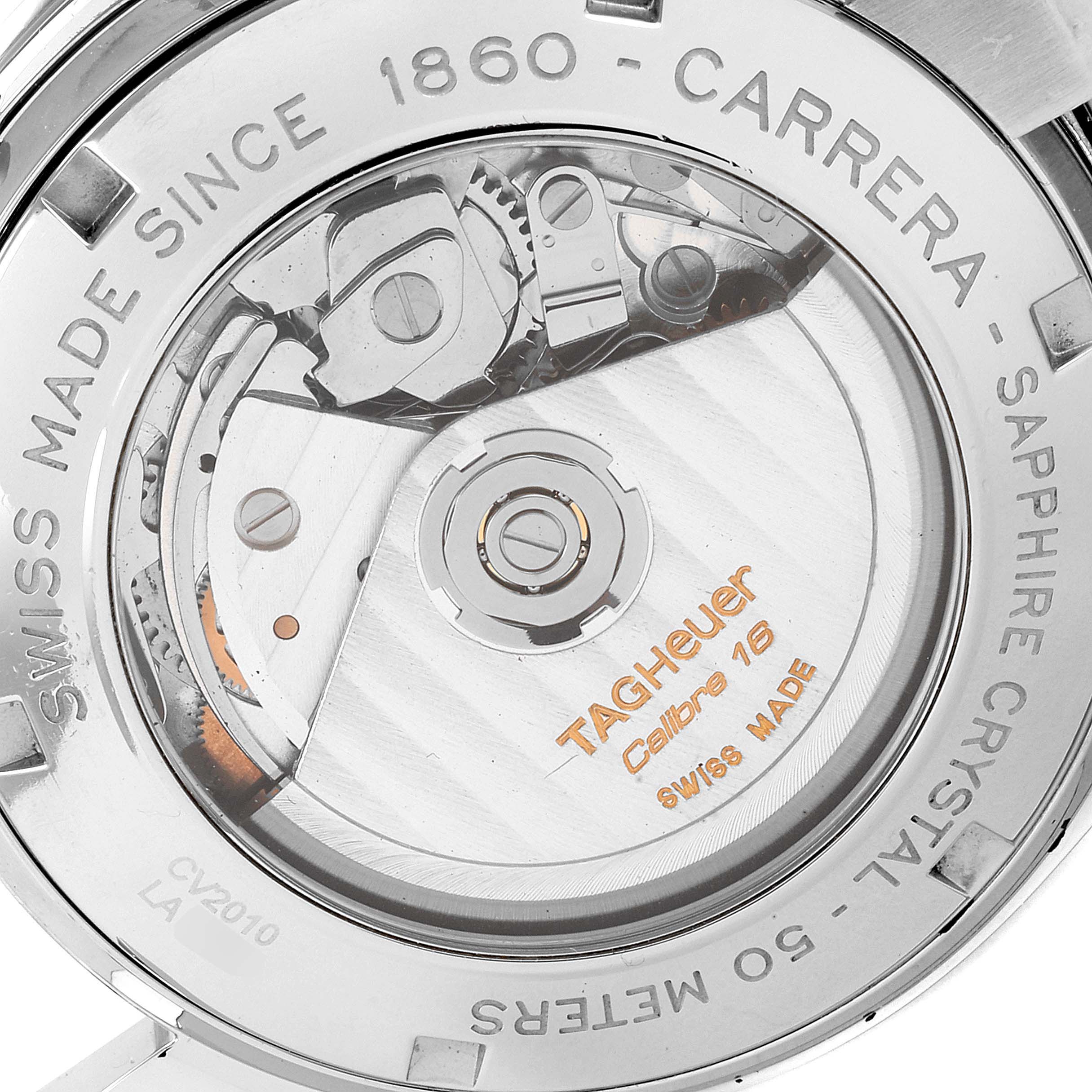 The image shows the caseback of the Tag Heuer Carrera CV2010 Men's Stainless Steel Black Dial CV2010 Men's Stainless Steel Black Dial watch, revealing the movement and sapphire crystal details.