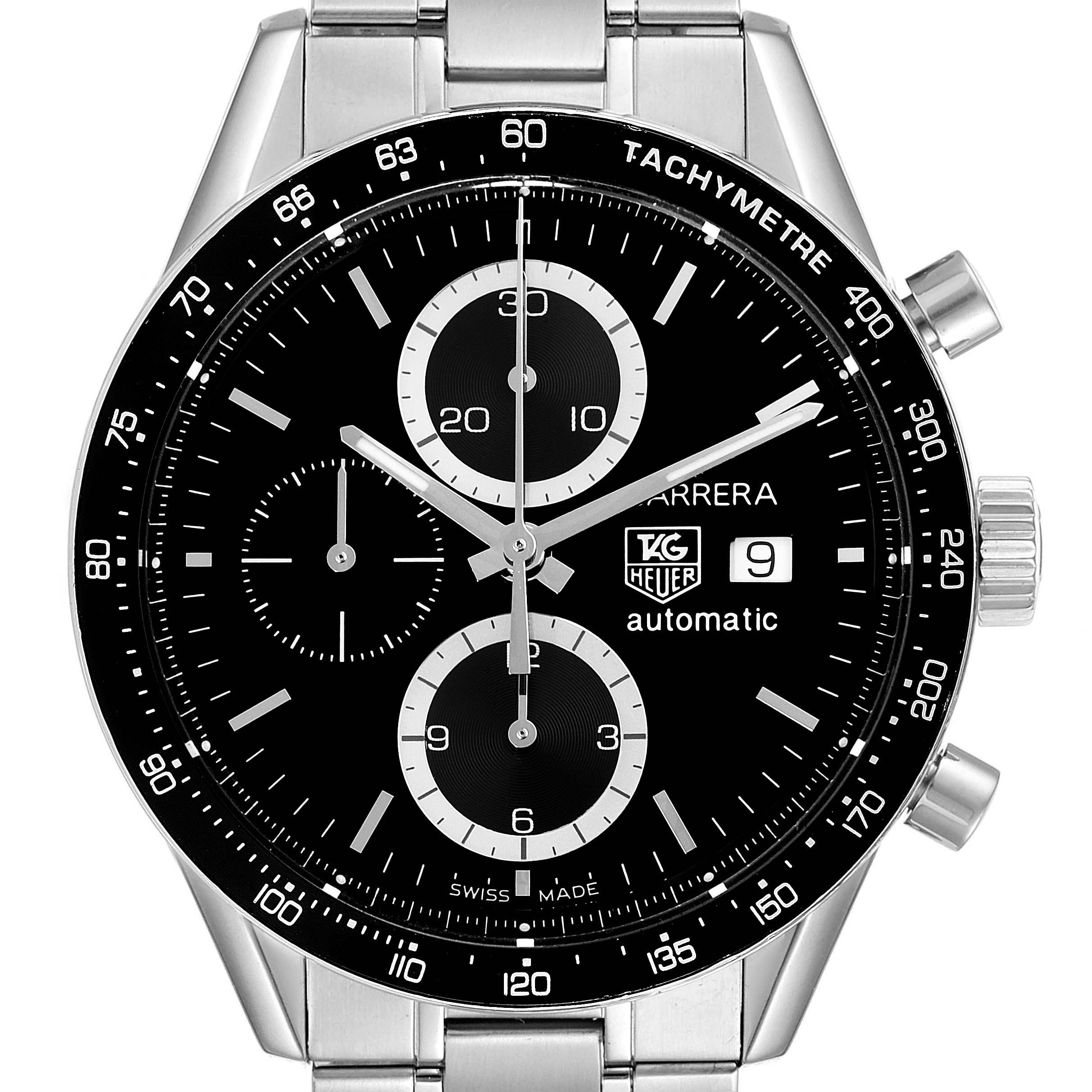 The image shows a Tag Heuer Carrera CV2010 Men's Stainless Steel Black Dial CV2010 Men's Stainless Steel Black Dial model watch from a front angle, displaying its face, bezel, and part of the stainless steel strap.