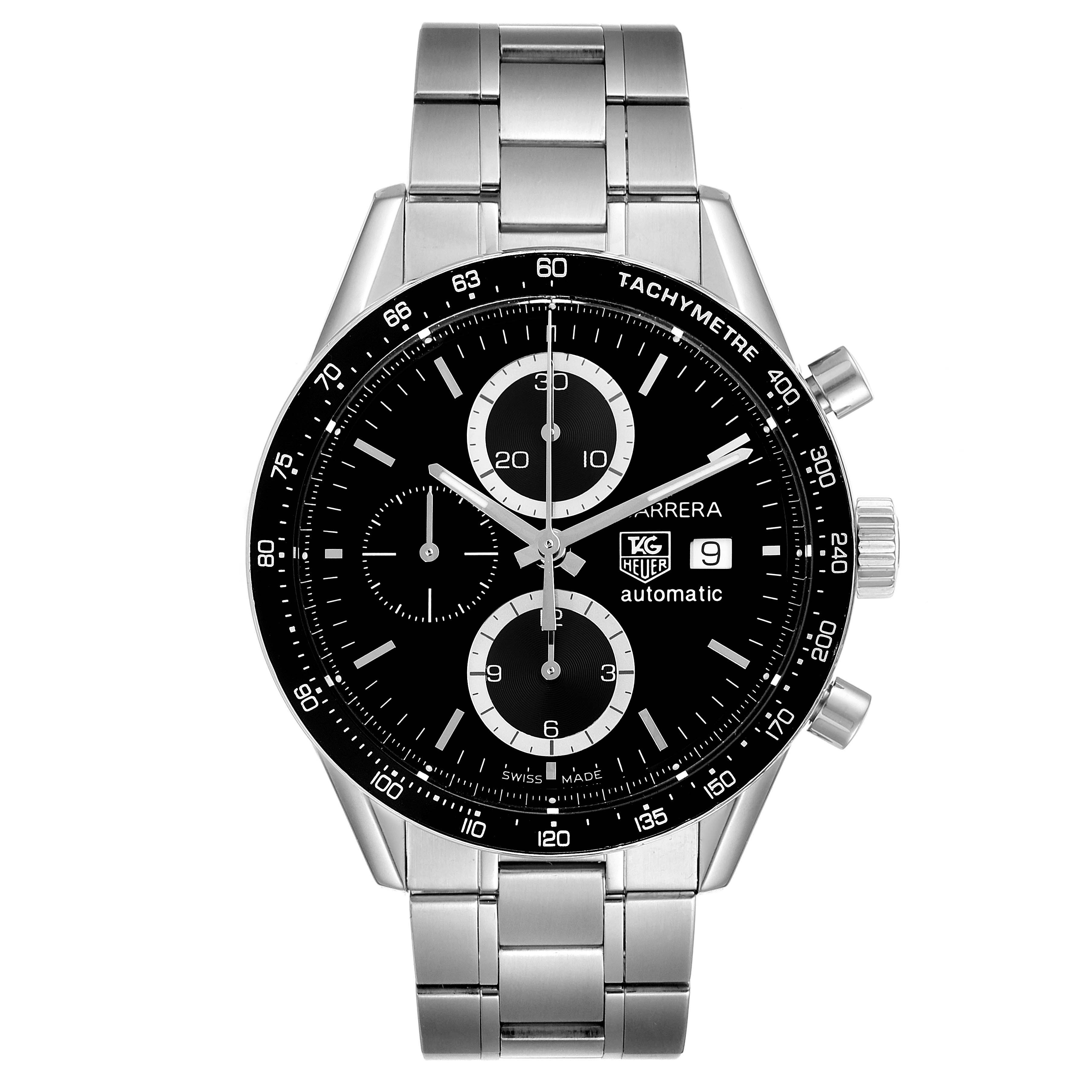 The image shows a frontal view of a Tag Heuer Carrera CV2010 Men's Stainless Steel Black Dial CV2010 Men's Stainless Steel Black Dial watch, highlighting the dial, subdials, bezel, crown, and bracelet.