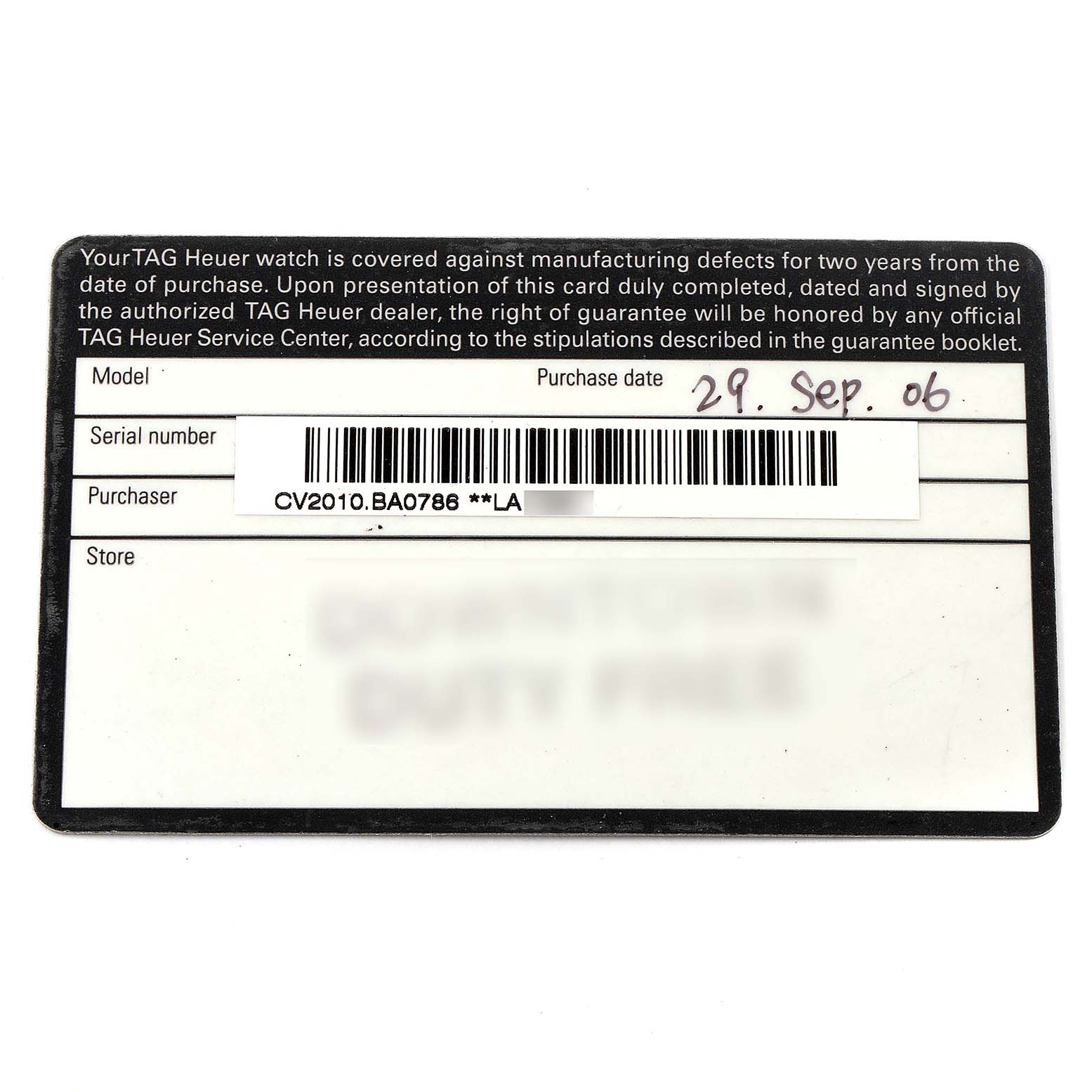 This image shows a warranty card for a Tag Heuer Carrera CV2010 Men's Stainless Steel Black Dial CV2010 Men's Stainless Steel Black Dial model watch, displaying the purchase date, model, and serial number.