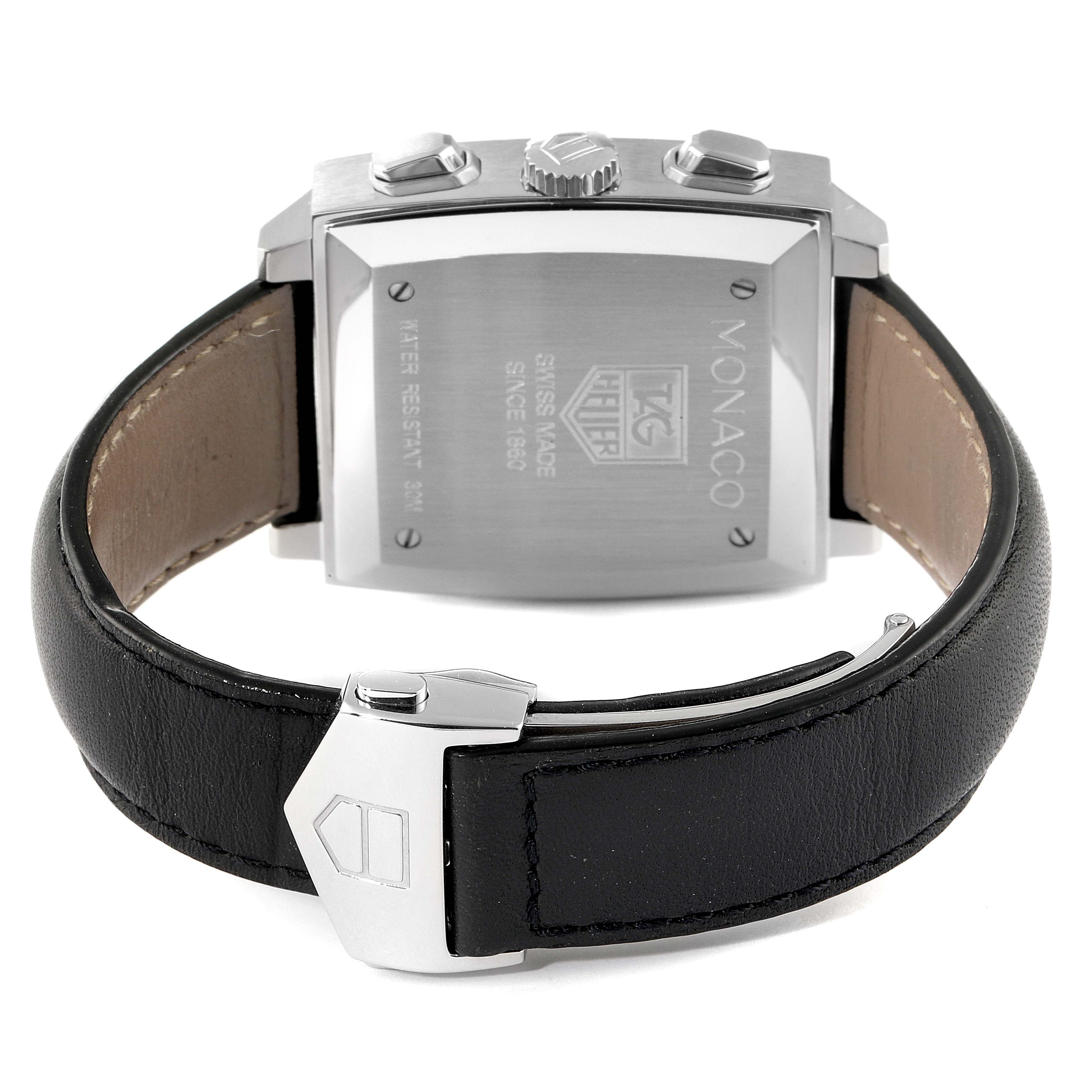 The image shows the back case and strap of the Tag Heuer Monaco CW2111 Men's Stainless Steel Black Dial CW2111 Men's Stainless Steel Black Dial watch from a rear angle.
