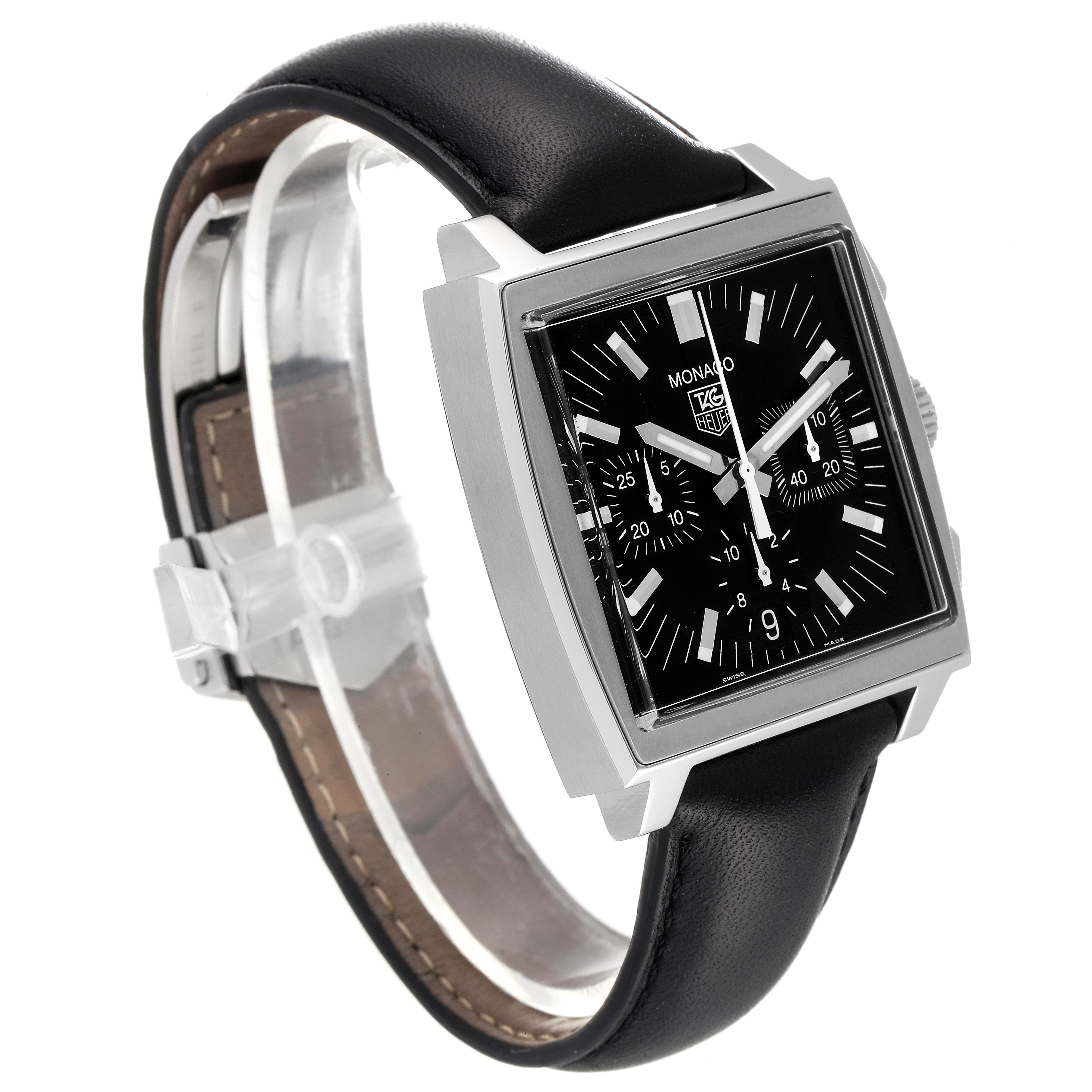 The Tag Heuer Monaco CW2111 Men's Stainless Steel Black Dial CW2111 Men's Stainless Steel Black Dial watch is displayed at an oblique angle, showcasing its square dial and black leather strap.