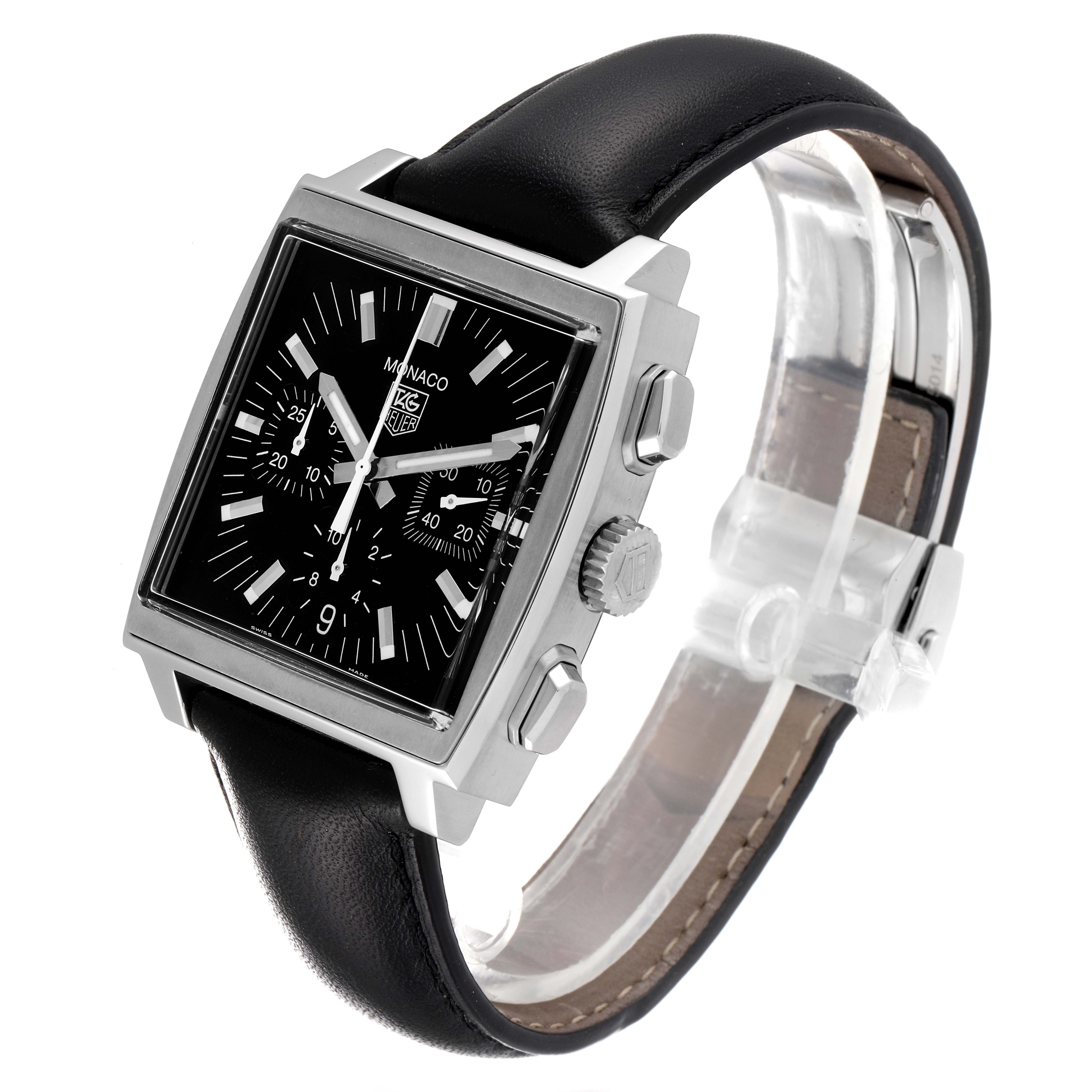 This Tag Heuer Monaco CW2111 Men's Stainless Steel Black Dial CW2111 Men's Stainless Steel Black Dial watch is shot at a diagonal angle showing the face, crown, pushers, and strap.