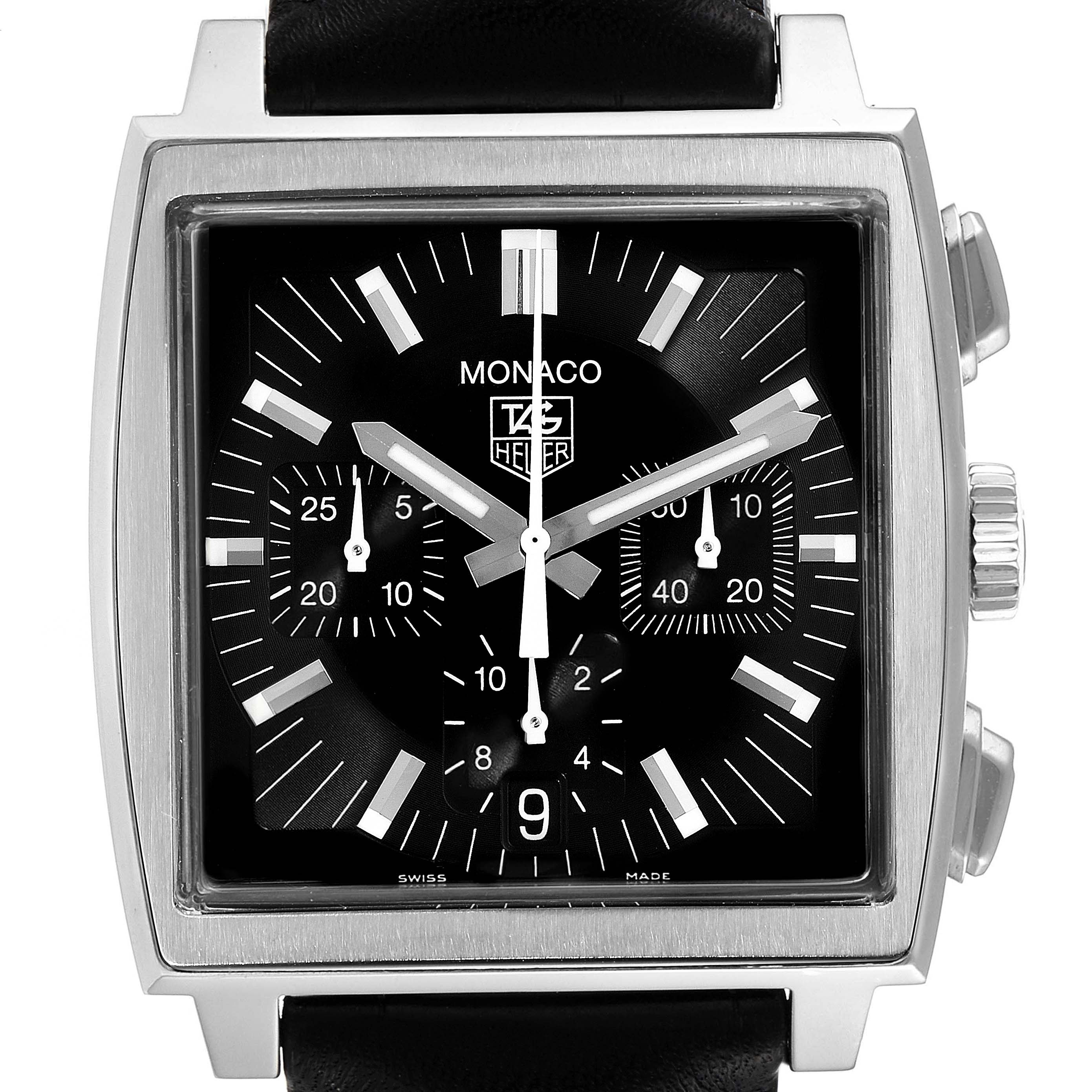 The image shows a front view of the Tag Heuer Monaco CW2111 Men's Stainless Steel Black Dial CW2111 Men's Stainless Steel Black Dial watch, displaying its square face, chronograph dials, and leather strap.