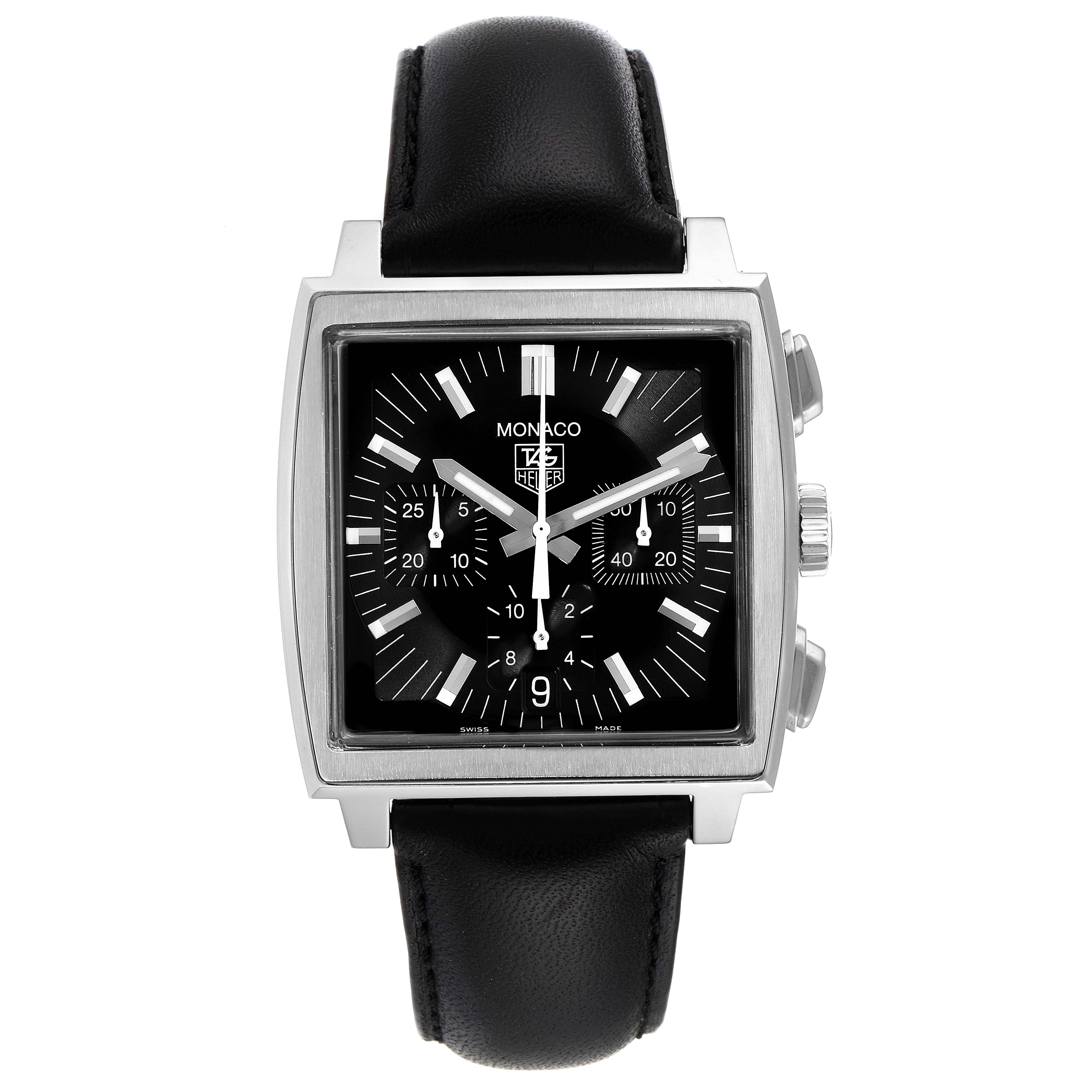 The image shows a front view of the Tag Heuer Monaco CW2111 Men's Stainless Steel Black Dial CW2111 Men's Stainless Steel Black Dial watch, highlighting its black dial, subdials, and black leather strap.