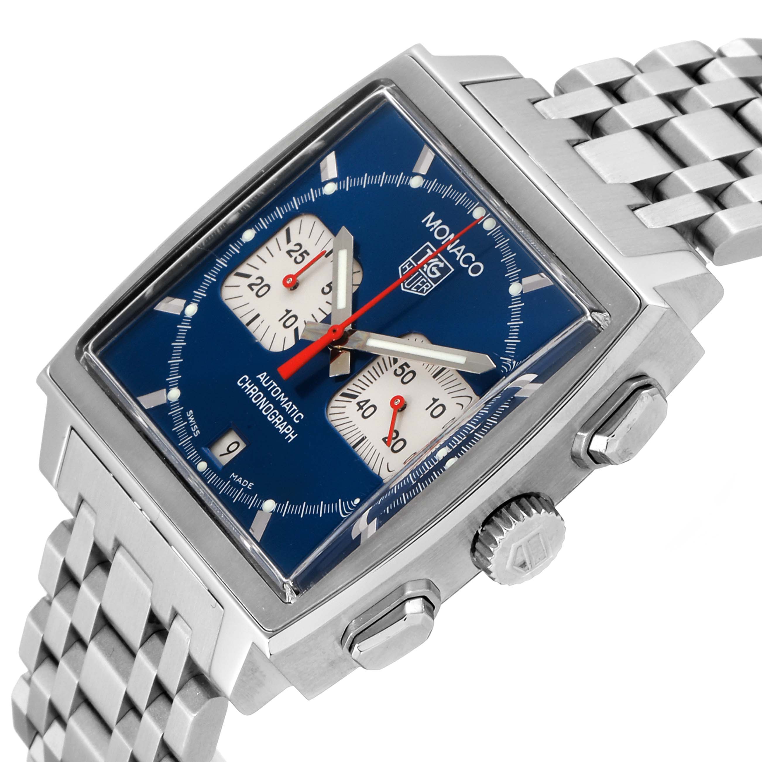 The image shows a close-up angled view of the face, case, and band of a Tag Heuer Monaco CW2113.BA0780 Men's Stainless Steel Blue Dial CW2113.BA0780 Men's Stainless Steel Blue Dial watch.
