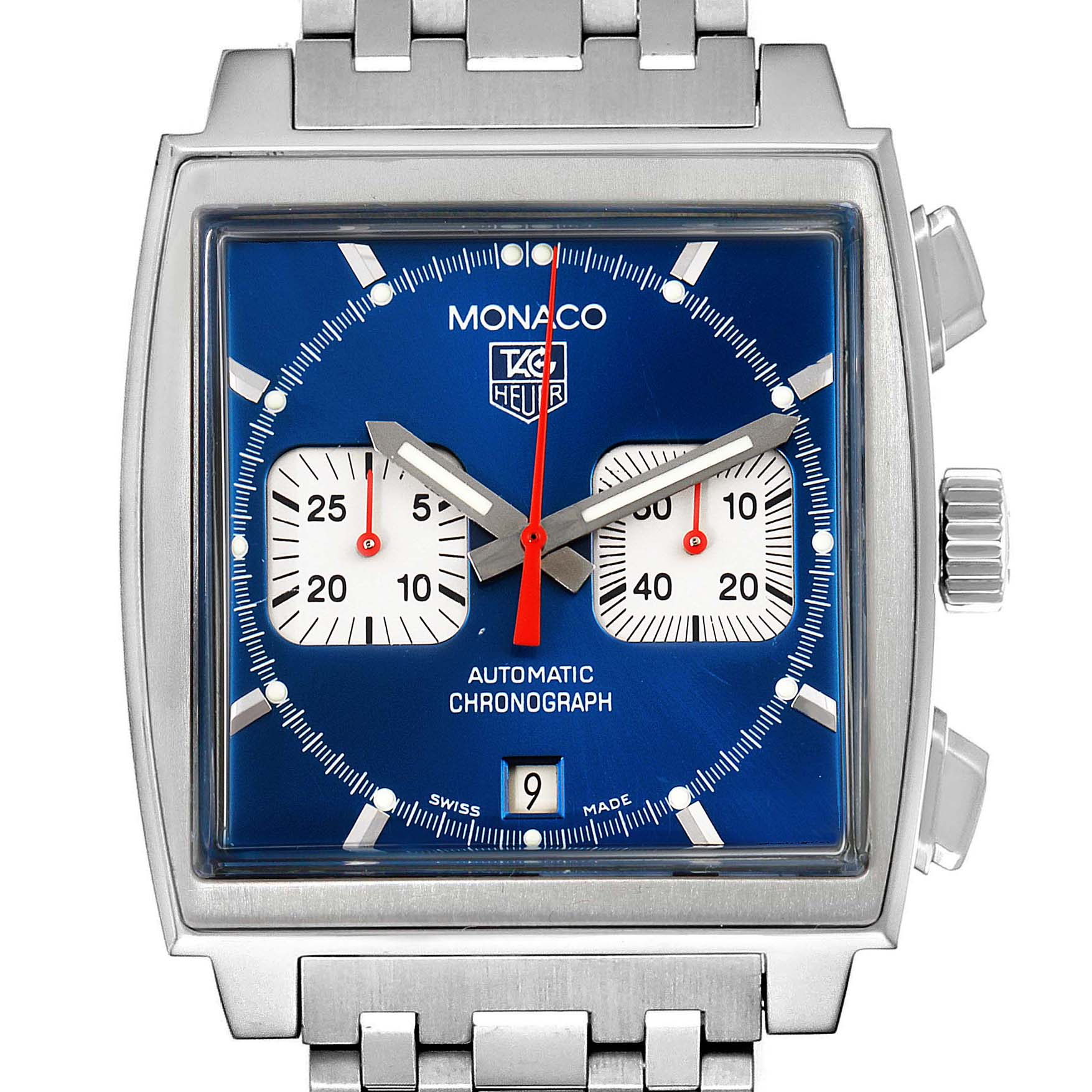 The image shows a front view of a Tag Heuer Monaco CW2113.BA0780 Men's Stainless Steel Blue Dial CW2113.BA0780 Men's Stainless Steel Blue Dial watch, highlighting its blue dial, chronograph subdials, and date window.