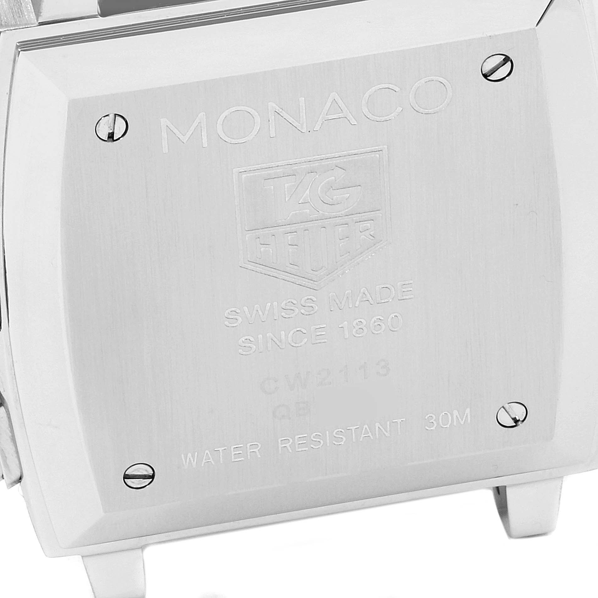 This image shows the back case of a Tag Heuer Monaco CW2113.BA0780 Men's Stainless Steel Blue Dial CW2113.BA0780 Men's Stainless Steel Blue Dial watch, including the brand's engraving and water resistance information.