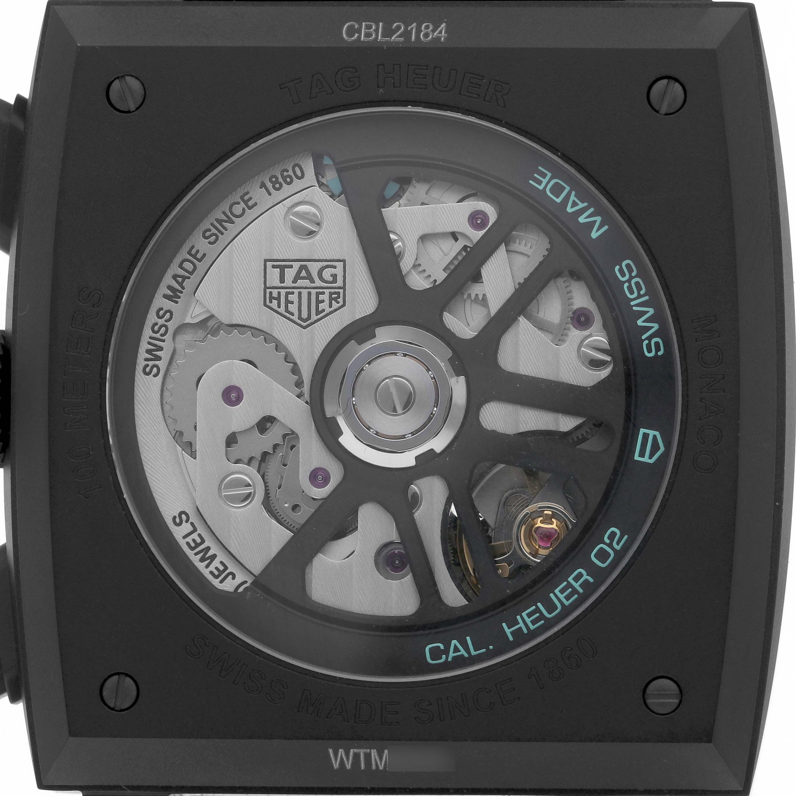 The image shows the back view of the Tag Heuer Monaco CBL2184.FT6236 Men's Titanium Transparent Dial CBL2184.FT6236 Men's Titanium Transparent Dial watch, highlighting the movement mechanism.