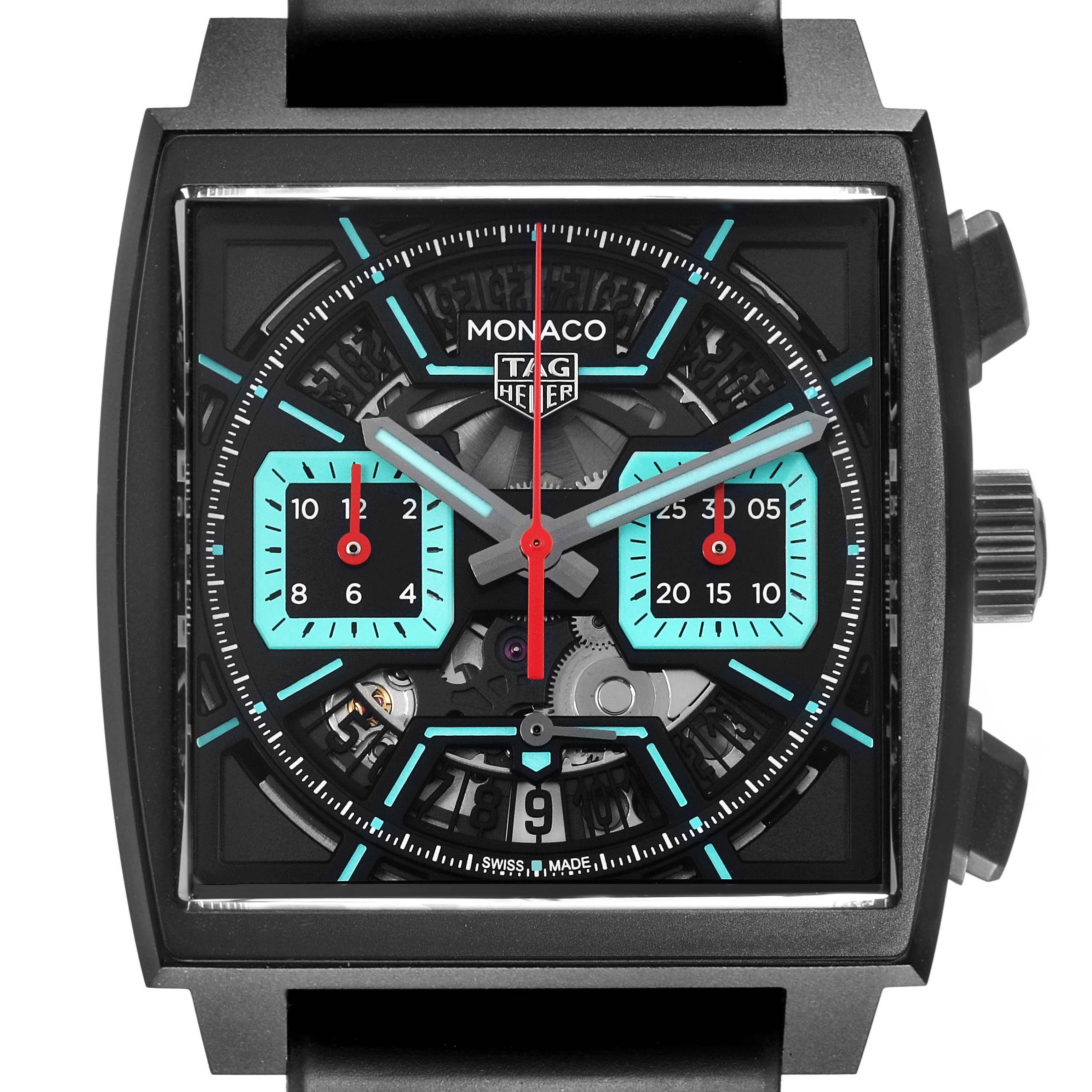 The Tag Heuer Monaco CBL2184.FT6236 Men's Titanium Transparent Dial CBL2184.FT6236 Men's Titanium Transparent Dial watch is shown from the front, highlighting the square face, sub-dials, and visible mechanics.