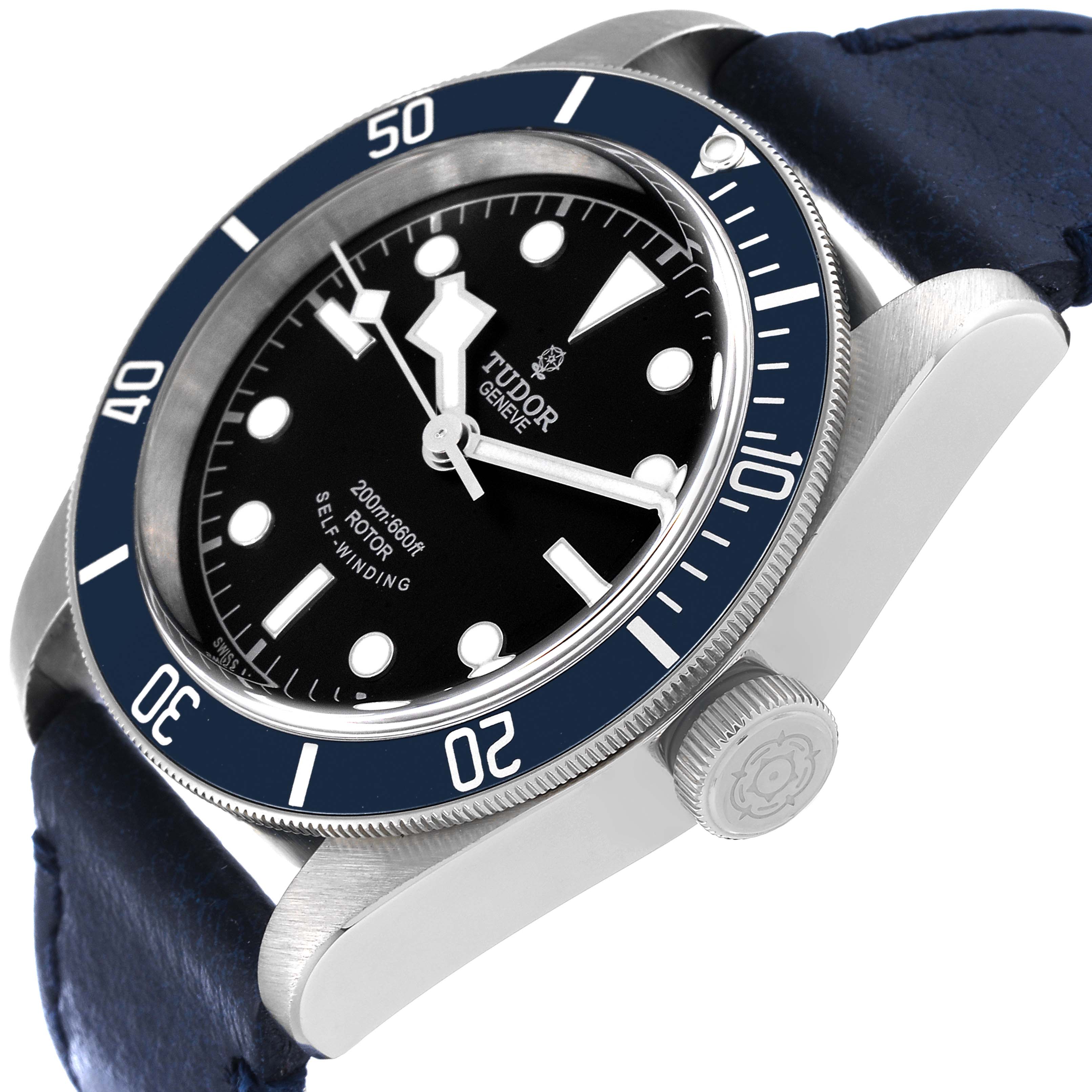 The image shows a partial side angle of the Tudor Heritage Black Bay 79220 Men's Stainless Steel Black Dial 79220 Men's Stainless Steel Black Dial watch, highlighting the dial, bezel, case, and crown.