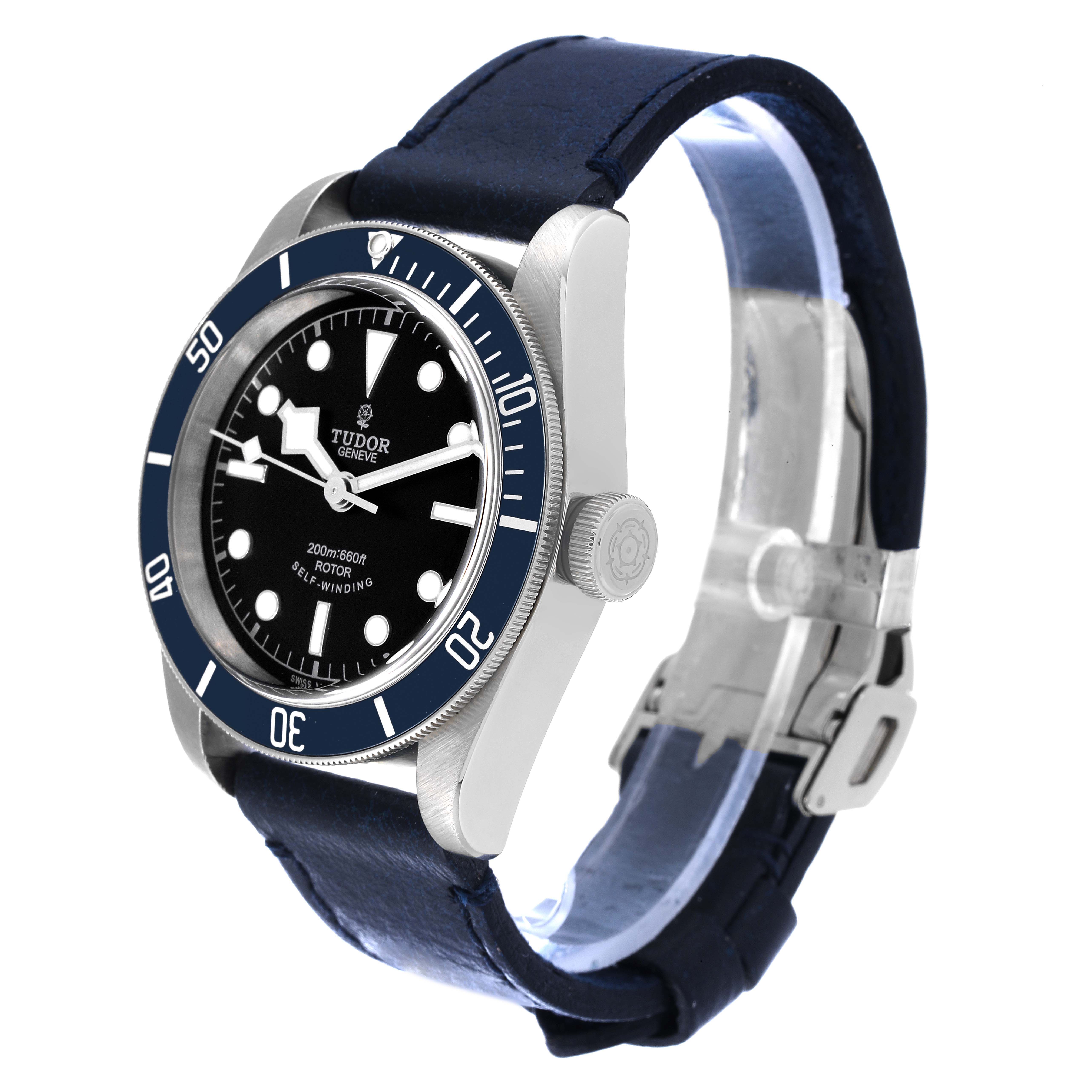 This Tudor Heritage Black Bay 79220 Men's Stainless Steel Black Dial 79220 Men's Stainless Steel Black Dial watch is shown at a three-quarter angle, highlighting the bezel, dial, crown, and strap.