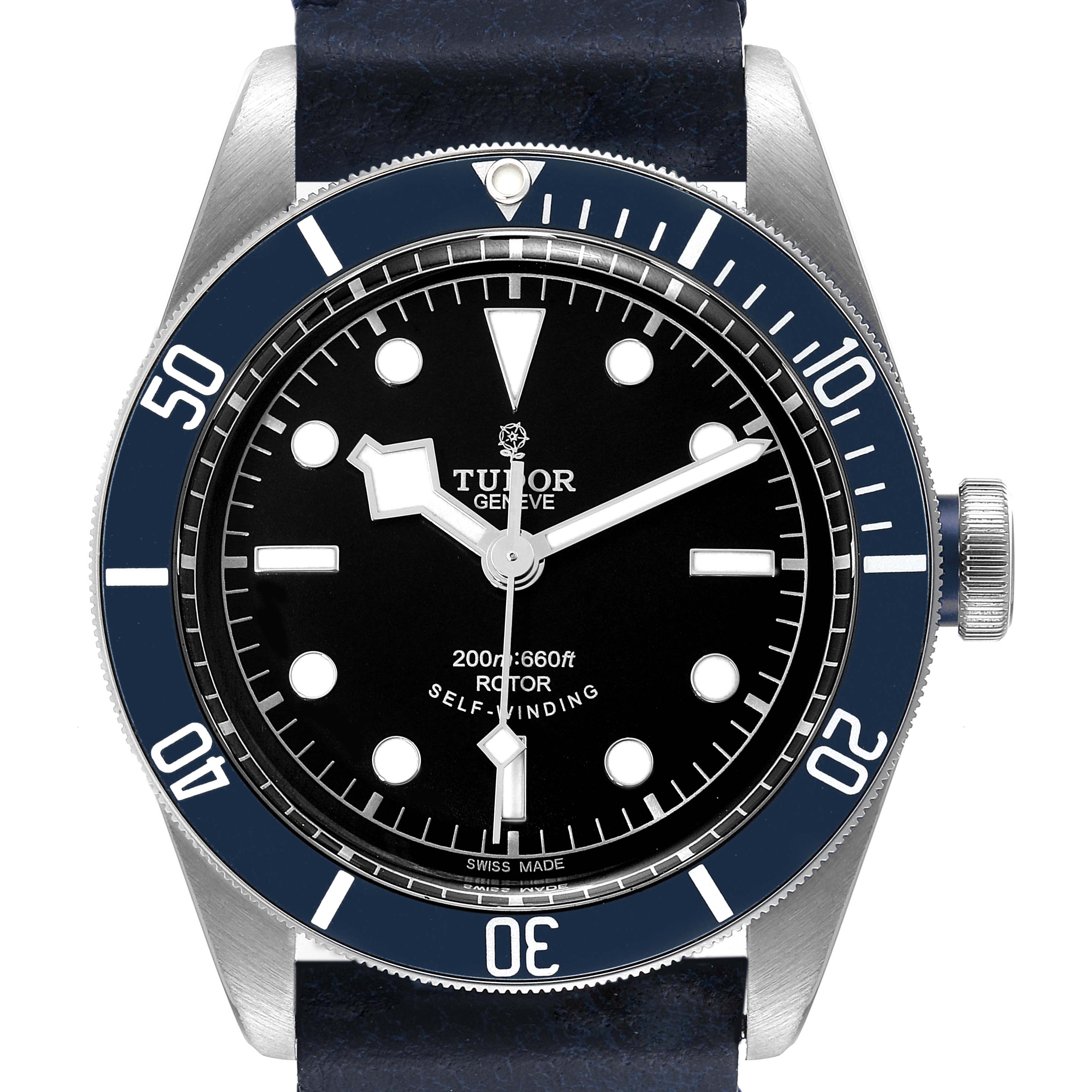 The image shows a front view of the Tudor Heritage Black Bay 79220 Men's Stainless Steel Black Dial 79220 Men's Stainless Steel Black Dial watch, displaying the dial, bezel, and crown.