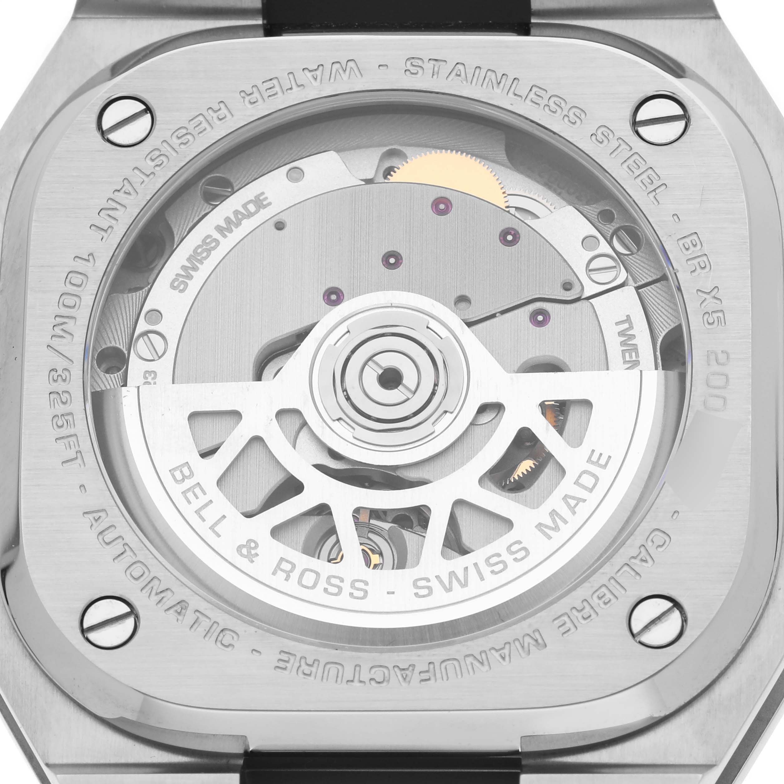 The image shows the back of a Bell & Ross Urban BRX5R-BL-ST Men's Stainless Steel Black Dial BRX5R-BL-ST Men's Stainless Steel Black Dial model watch, featuring its stainless steel and automatic movement.