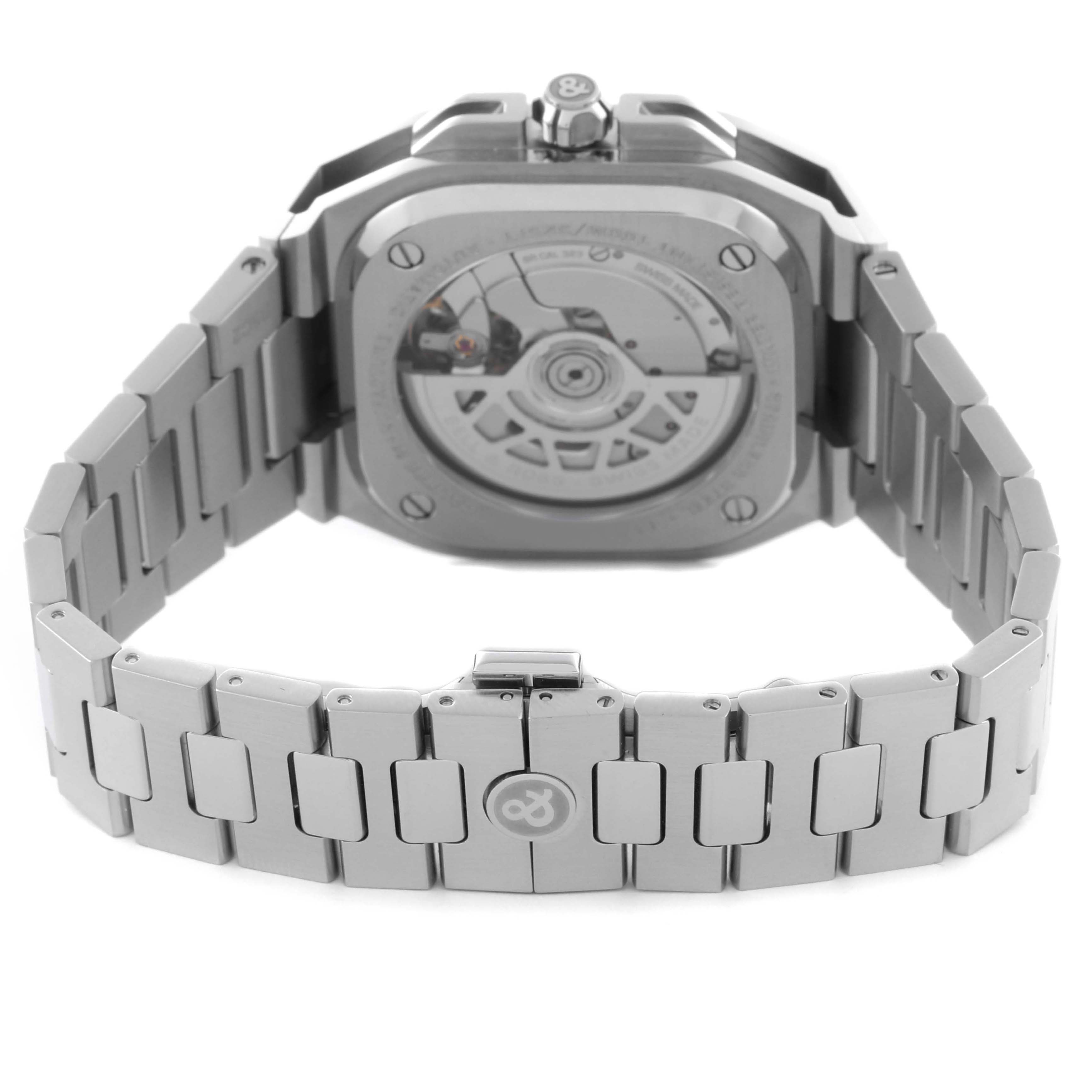 The image shows the back and bracelet of the Bell & Ross Urban BRX5R-BL-ST Men's Stainless Steel Black Dial BRX5R-BL-ST Men's Stainless Steel Black Dial model watch, highlighting the movement and clasp.
